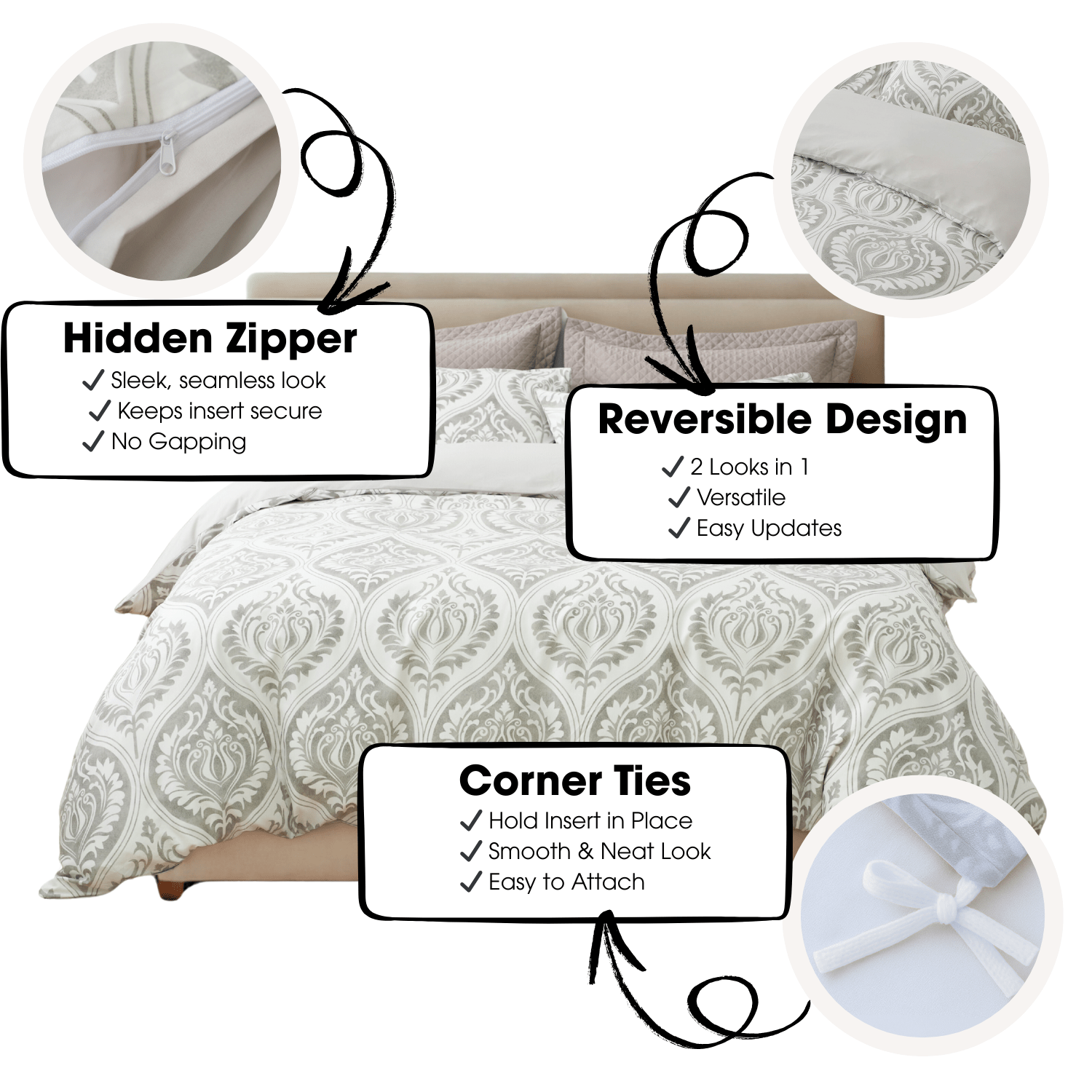 Dreamy Moon Sky Ogee Damask Heather Gray White Duvet Cover Set - Quahog Bay Bedding