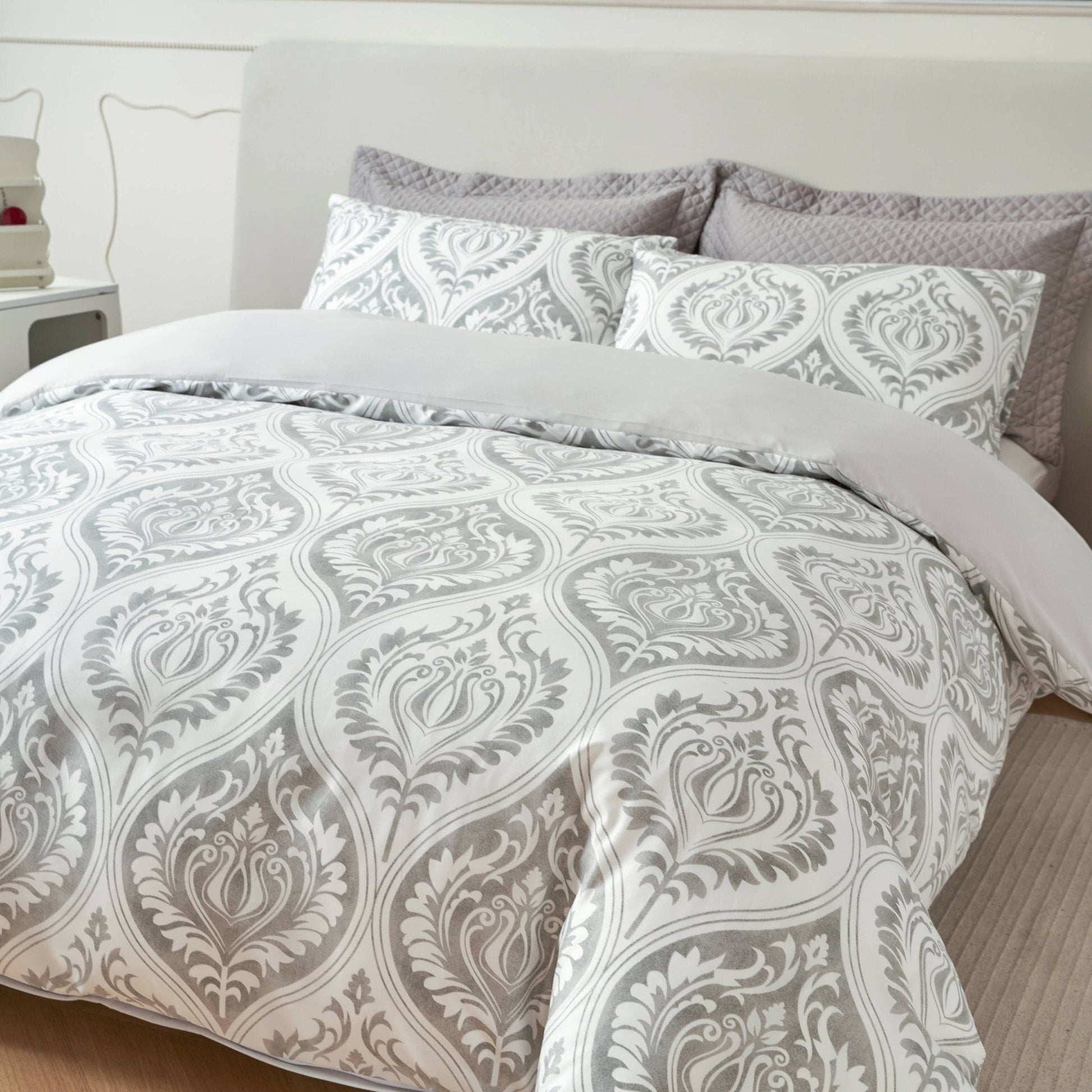 Dreamy Moon Sky Ogee Damask Heather Gray White Duvet Cover Set - Quahog Bay Bedding