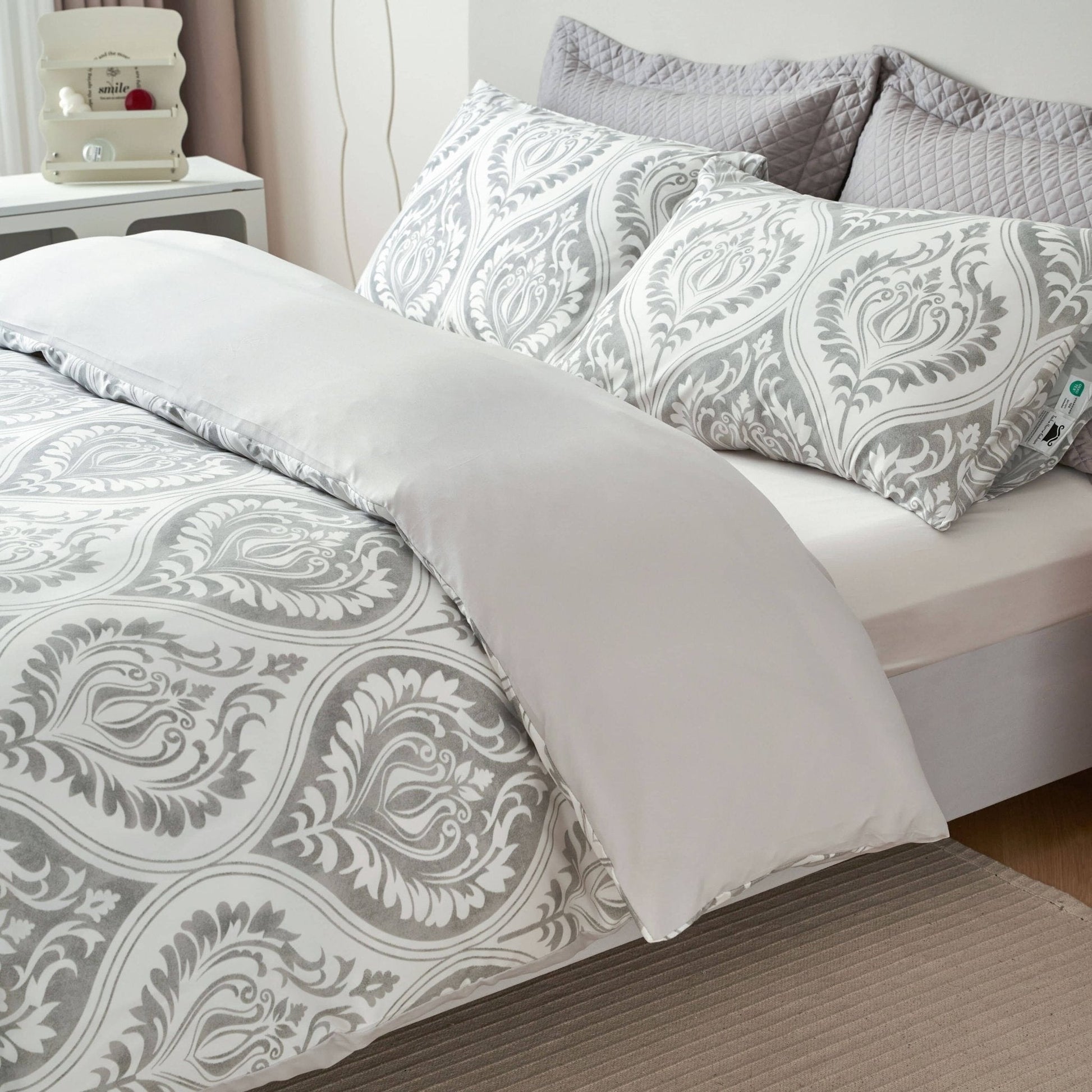 Dreamy Moon Sky Ogee Damask Heather Gray White Duvet Cover Set - Quahog Bay Bedding