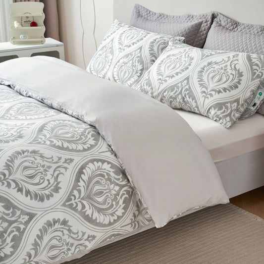 Dreamy Moon Sky Ogee Damask Heather Gray White Duvet Cover Set - Quahog Bay Bedding