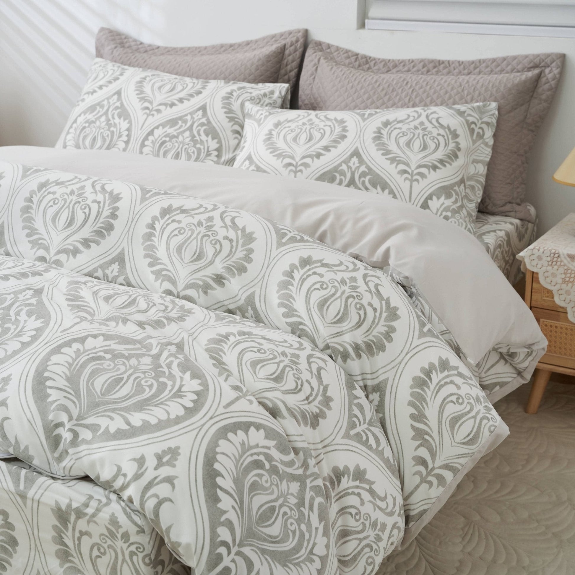 Dreamy Moon Sky Ogee Damask Heather Gray White Duvet Cover Set - Quahog Bay Bedding