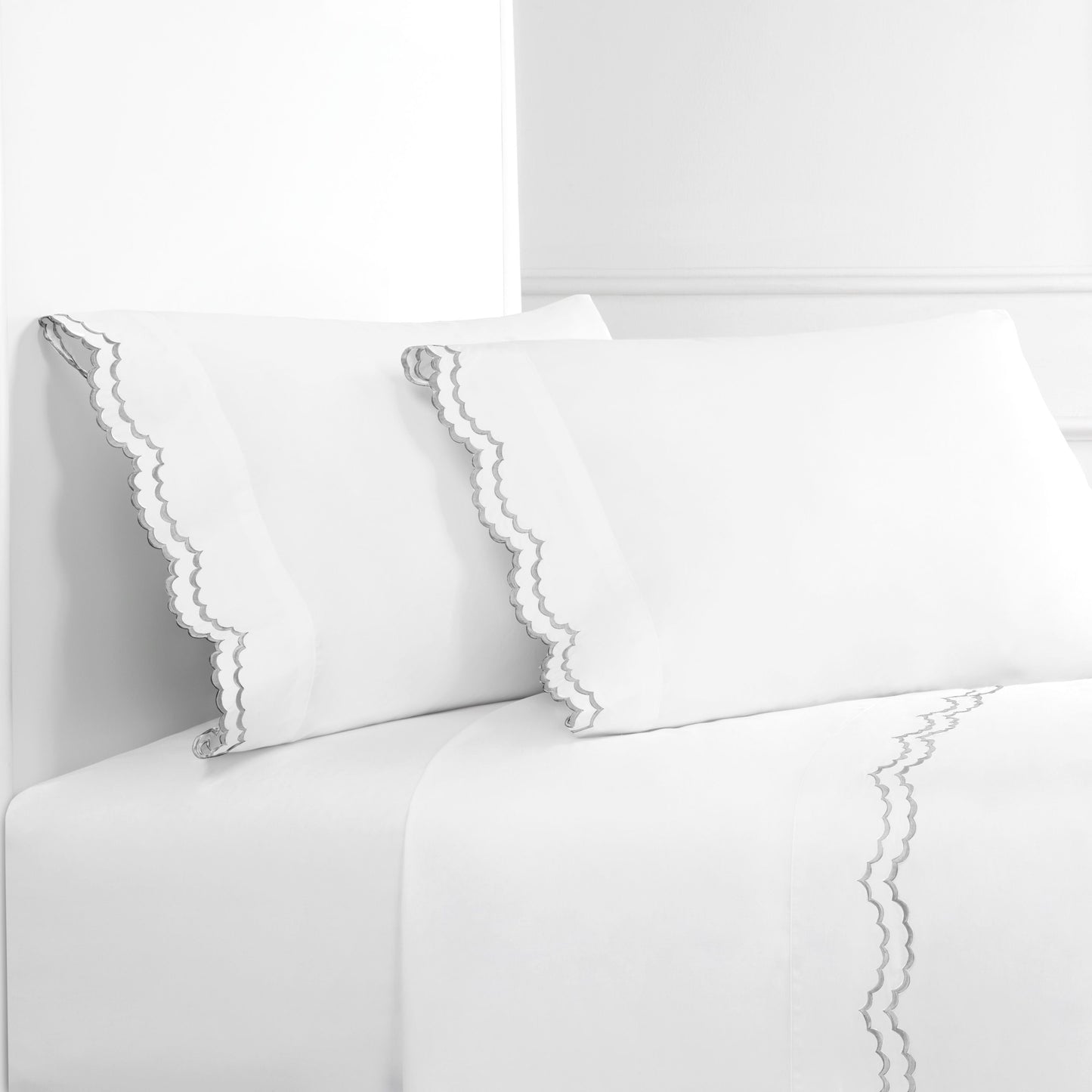 Double Scalloped Edge Embroidered Percale Sheet Set