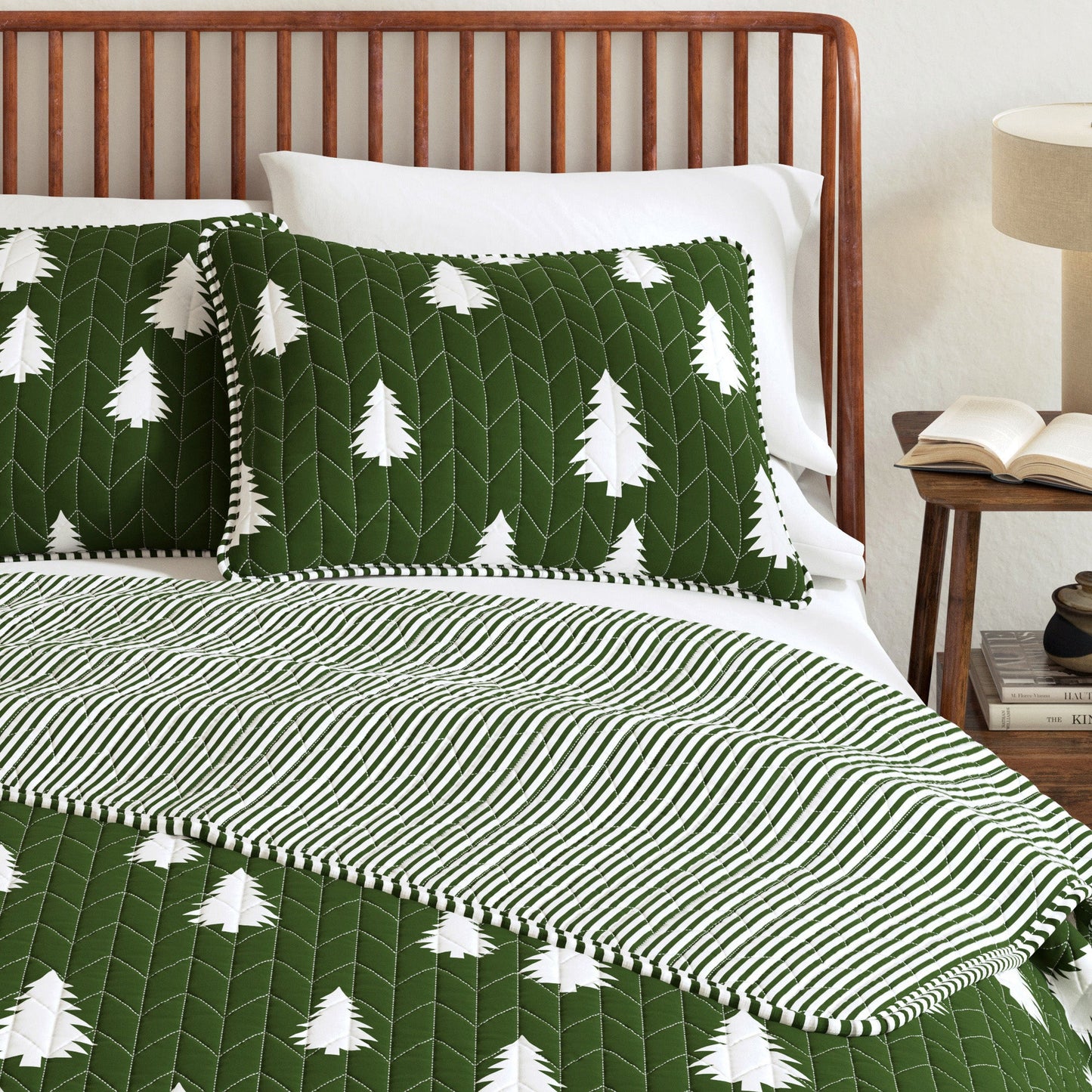 Lodge Printed Quilt - Olive Green With Tree Outlines - Fall & Holiday Themed Bedding