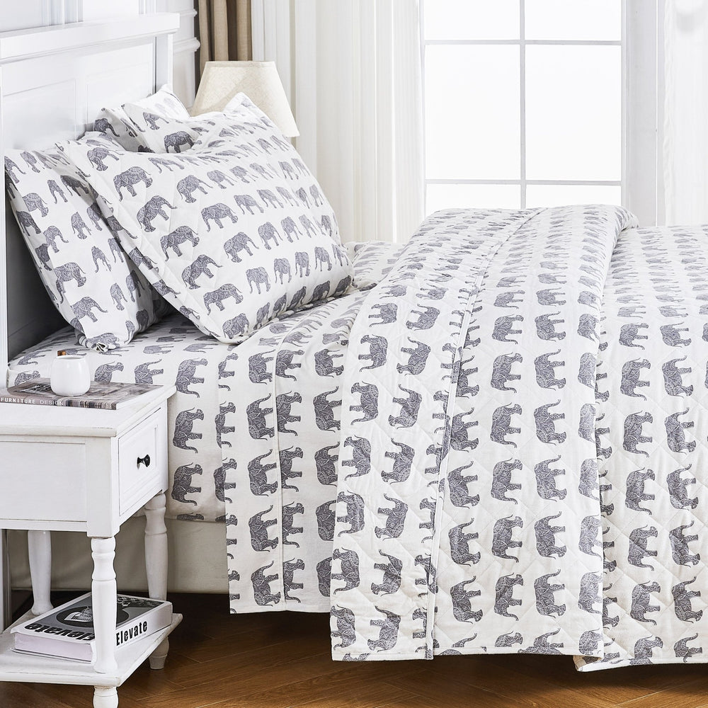 Elephants Cotton Flannel Quilt Set - Animal Print Sheets - Quahog Bay Bedding