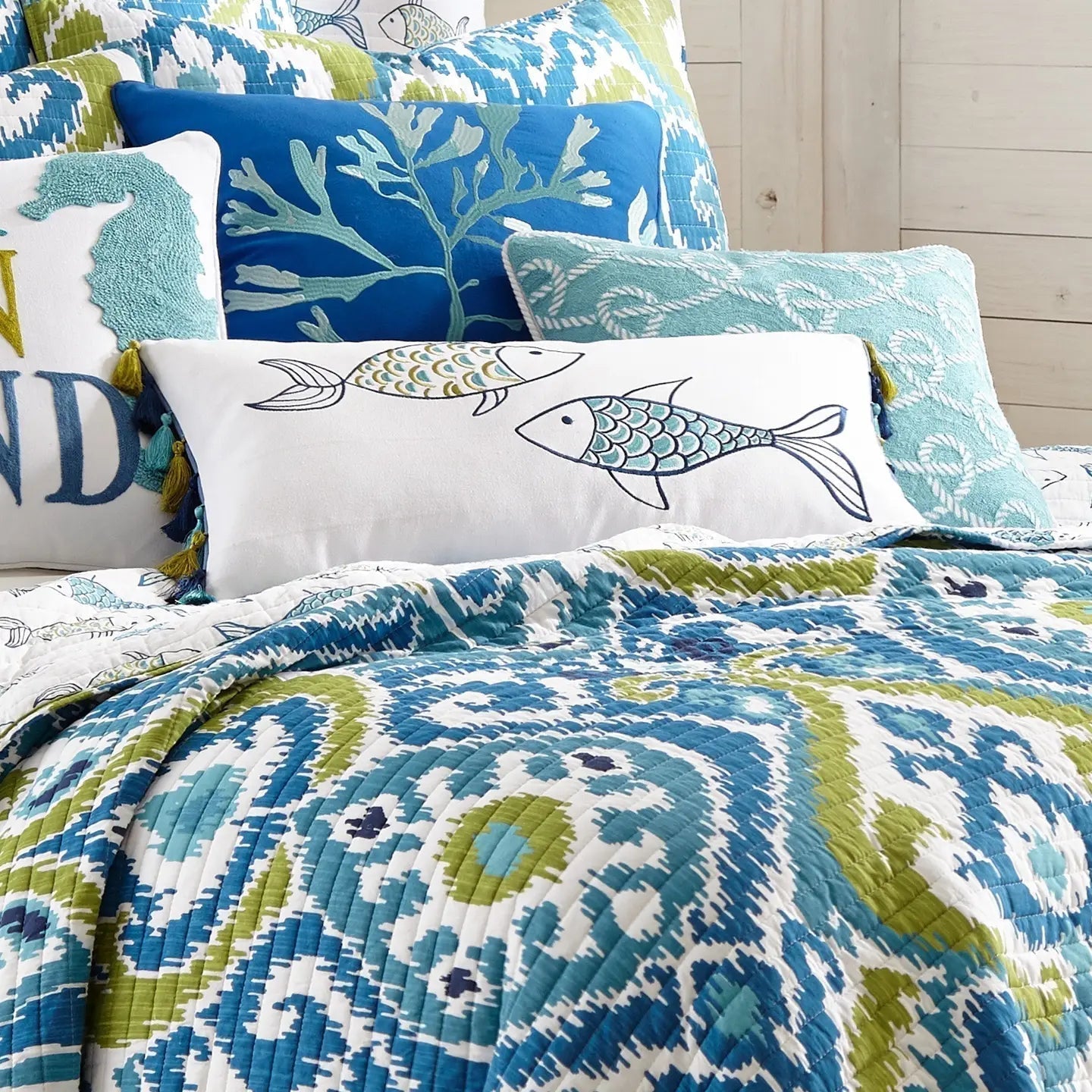 Embroideredfish with Tassels Pillow - Quahog Bay Bedding