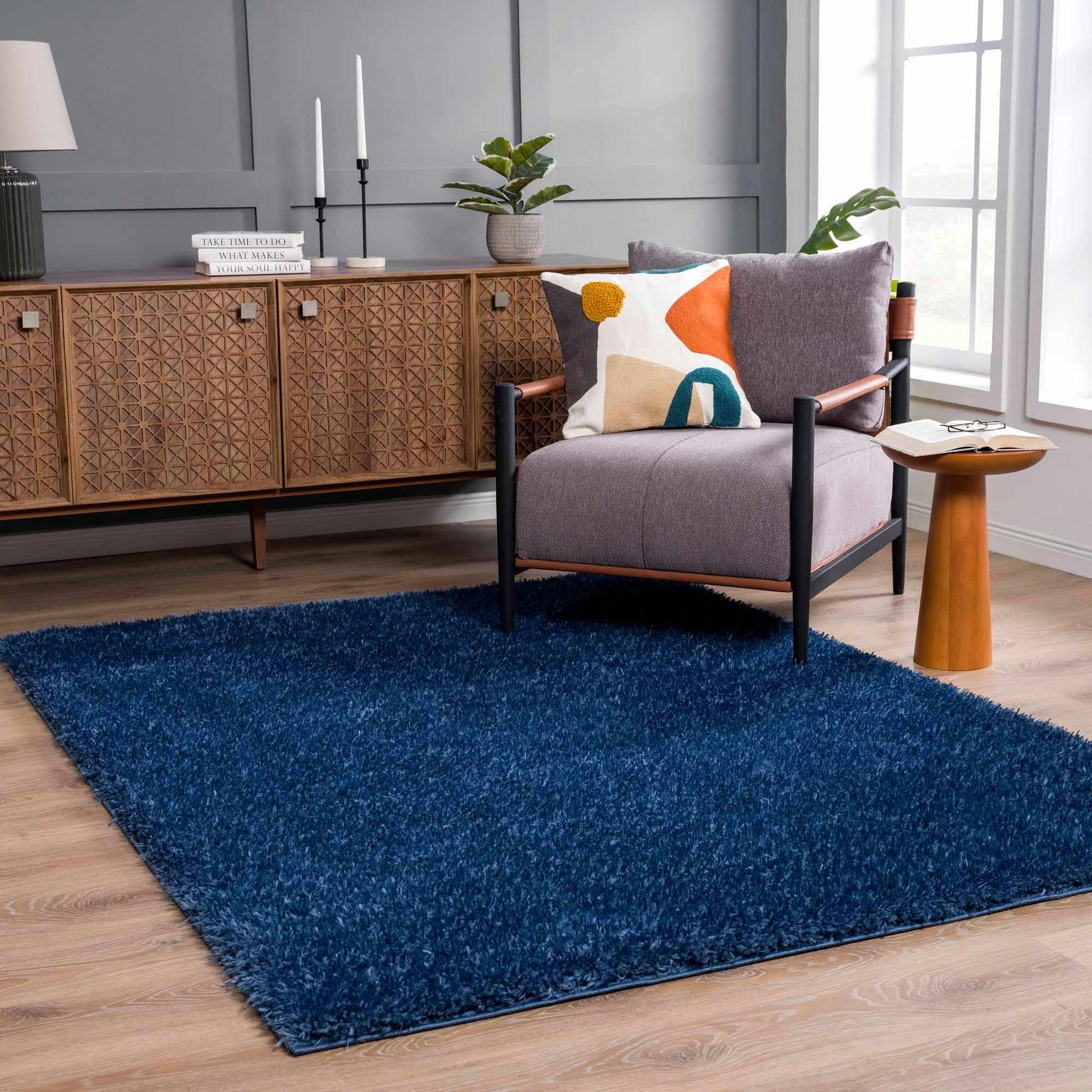 Faina Solid Dark Blue Shag Rug Washable - Quahog Bay Bedding