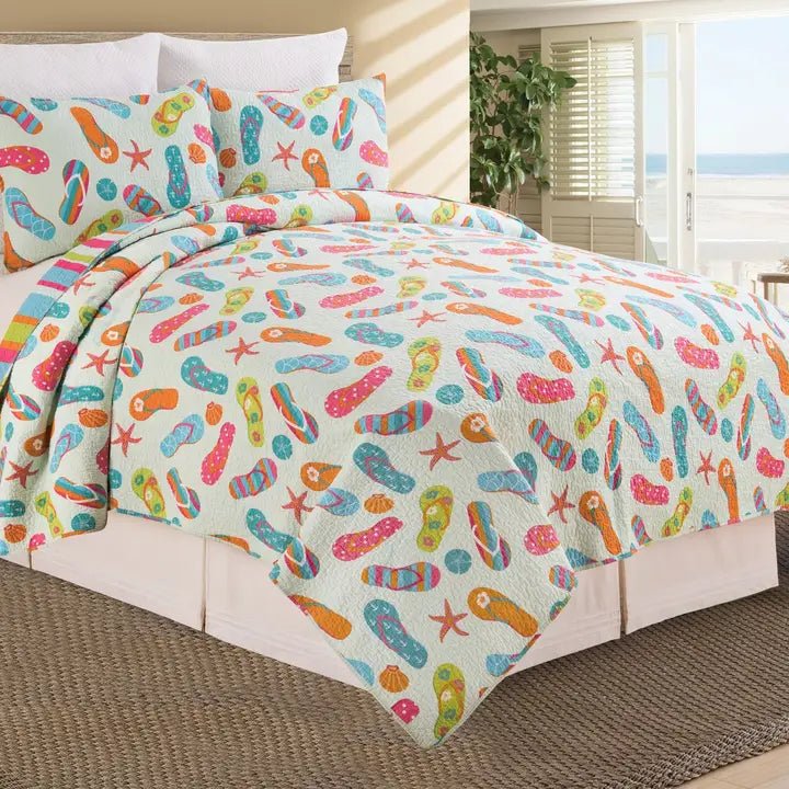 Flip Flops Coastal Quilt Set - Lightweight Microfiber - 3PC - Quahog Bay Bedding