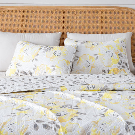 Floral Quilt Set - Yellow & Grey - Floral Themed Bedding - Quahog Bay Bedding