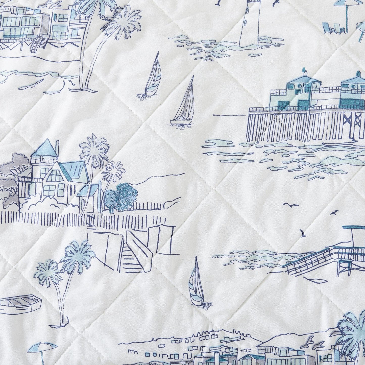 Coastal Toile Sailboat Quilt Set - White & Light Blue Coastal Bedding