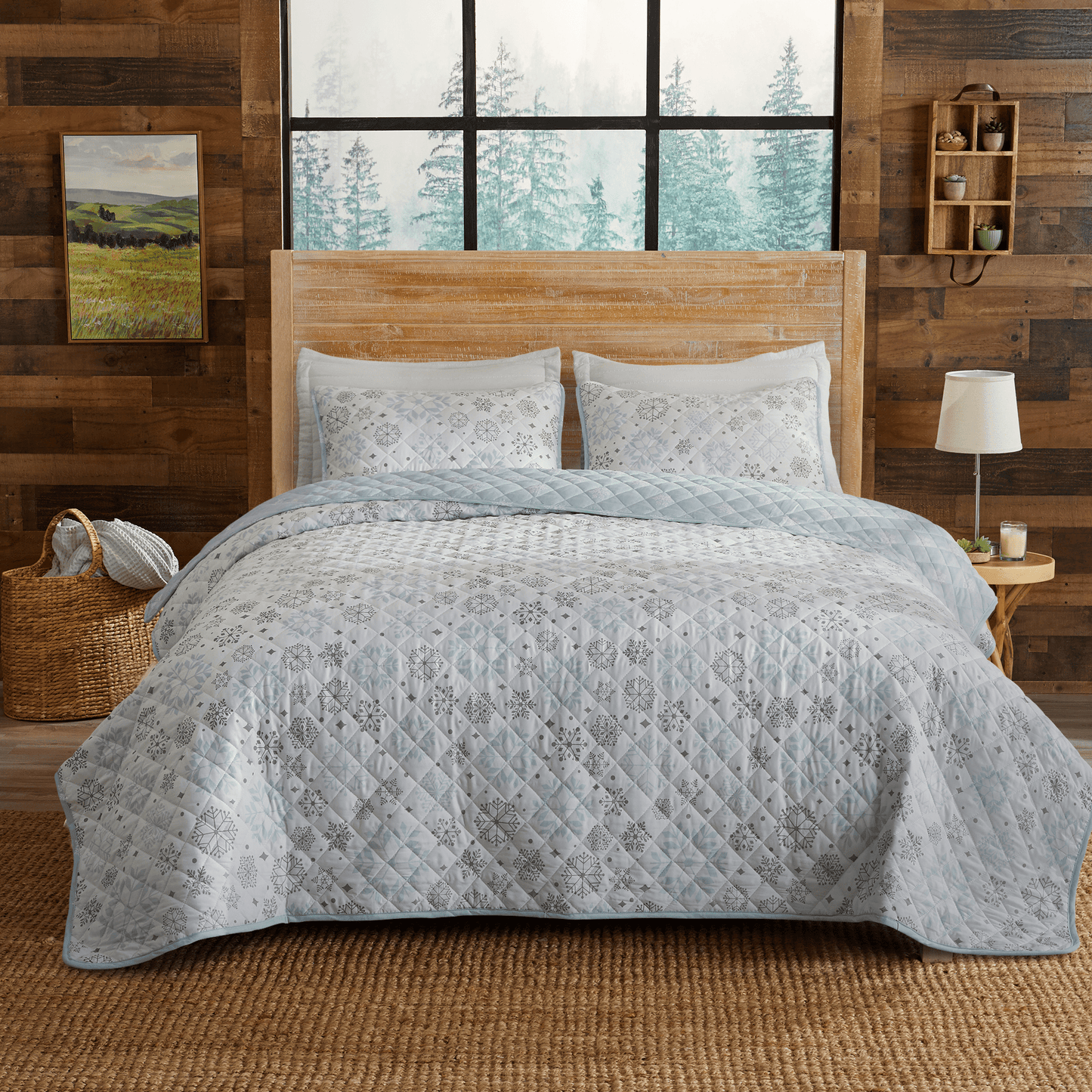 Snowflake Quilt - White, Blue & Grey - Coastal Christmas Bedding