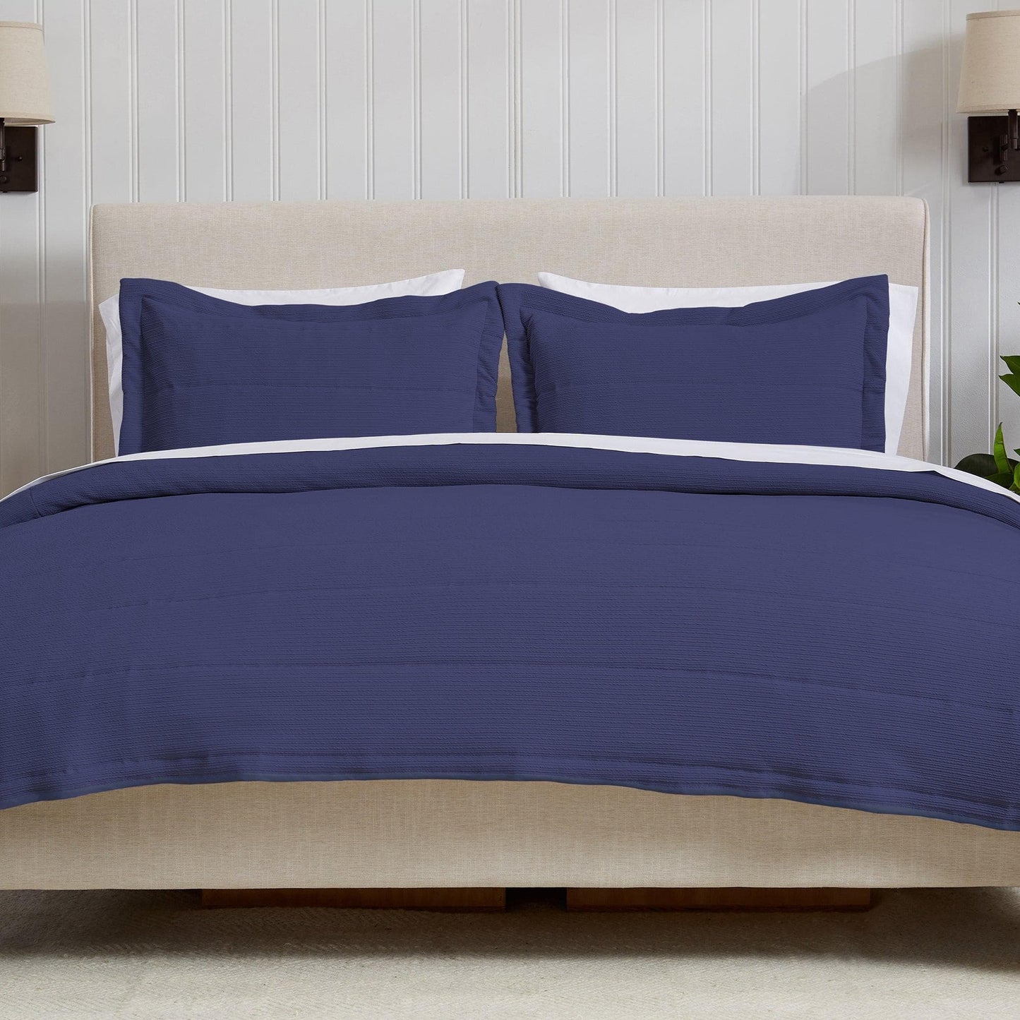 Coastal & Nautical Textured Striped Quilt Set - White, Light Grey & Navy