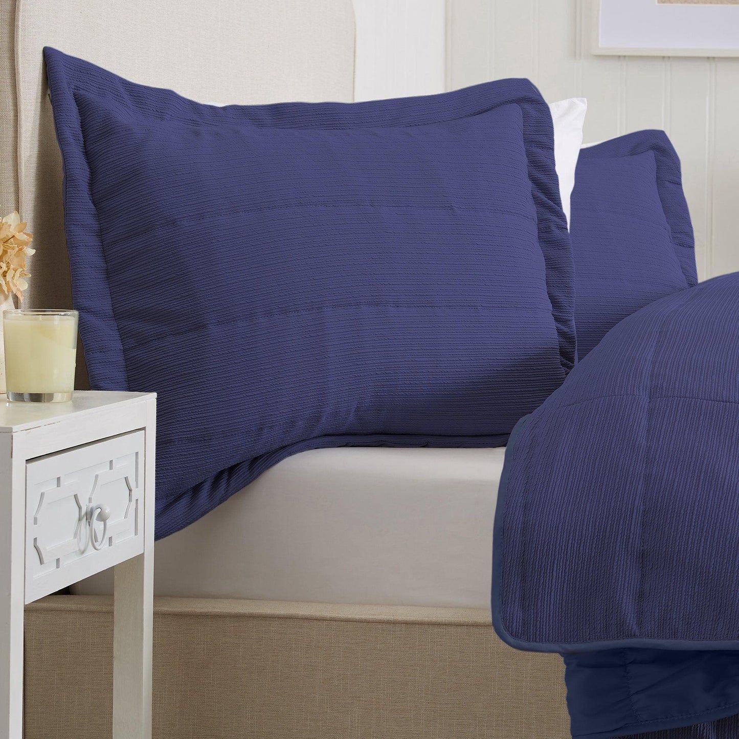 Coastal & Nautical Textured Striped Quilt Set - White, Light Grey & Navy