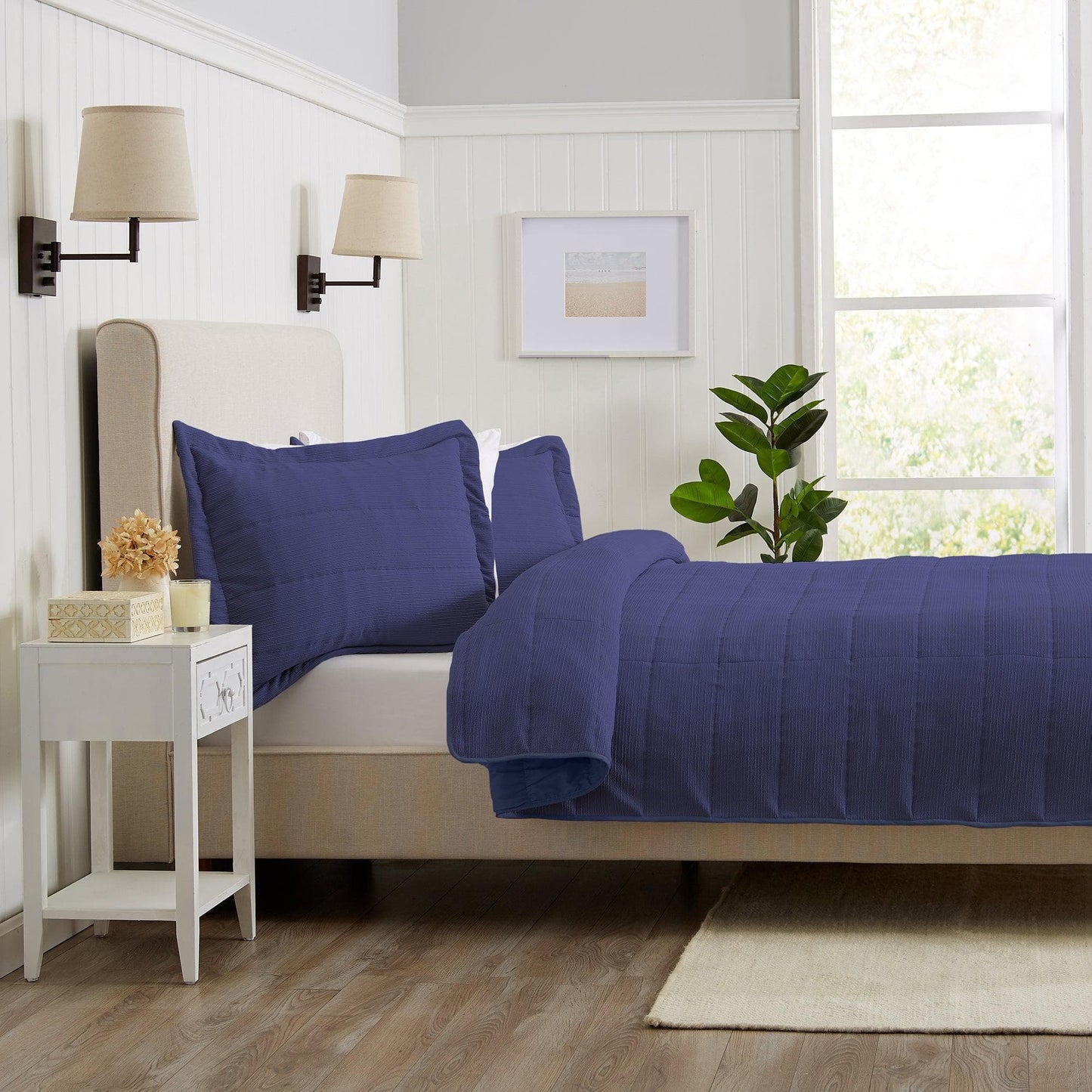 Coastal & Nautical Textured Striped Quilt Set - White, Light Grey & Navy
