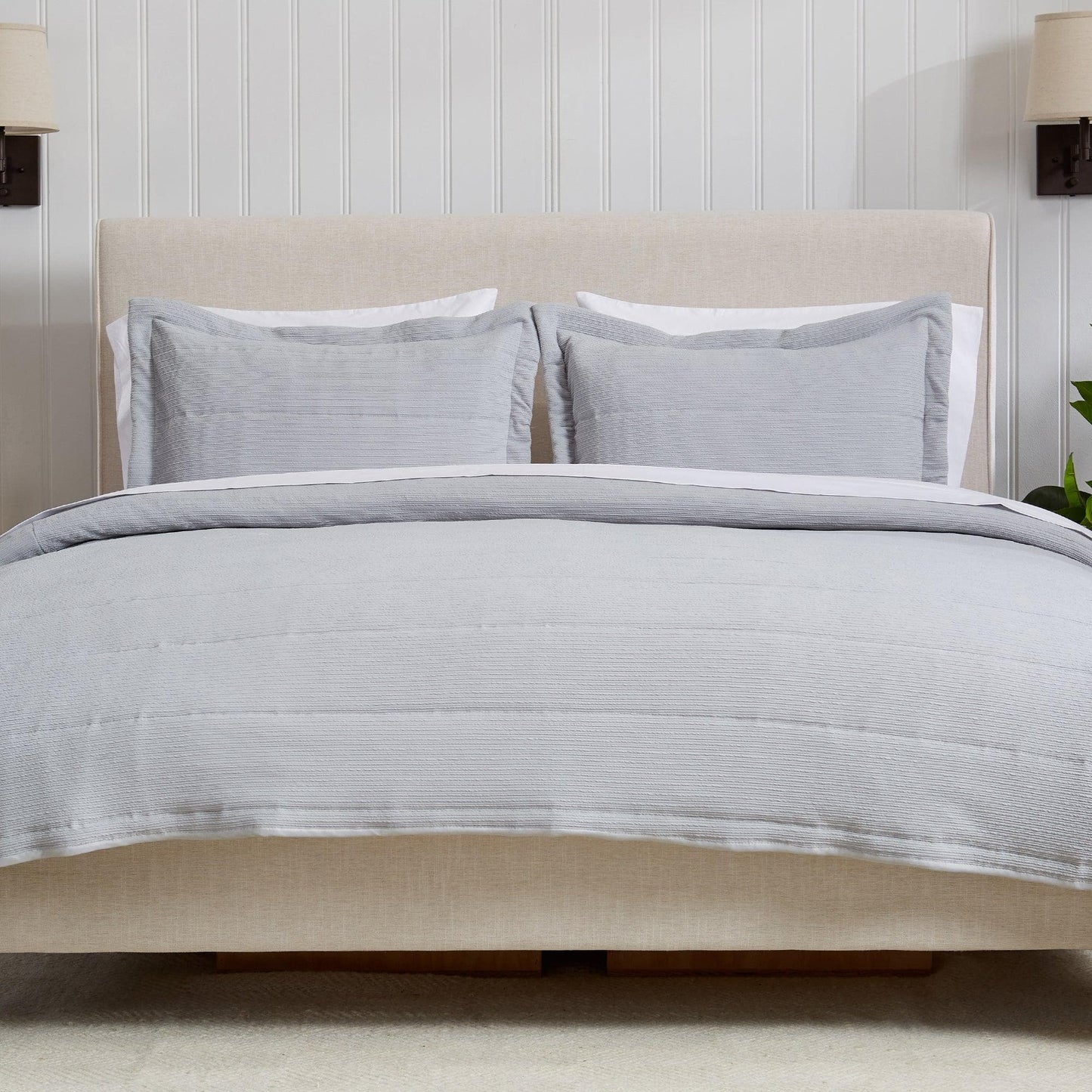 Coastal & Nautical Textured Striped Quilt Set - White, Light Grey & Navy