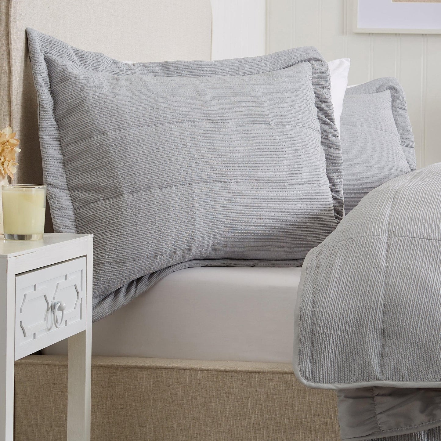Coastal & Nautical Textured Striped Quilt Set - White, Light Grey & Navy