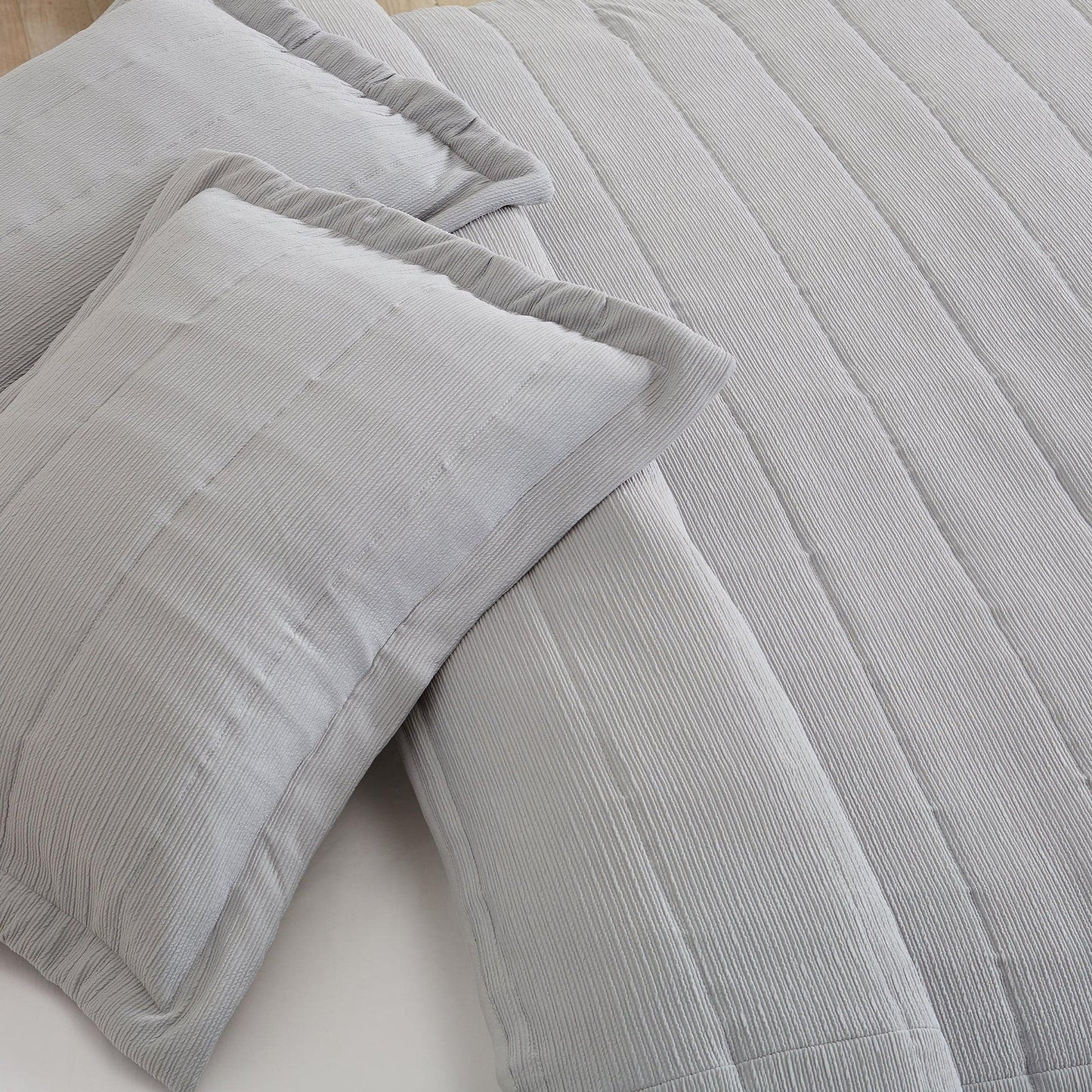 Coastal & Nautical Textured Striped Quilt Set - White, Light Grey & Navy