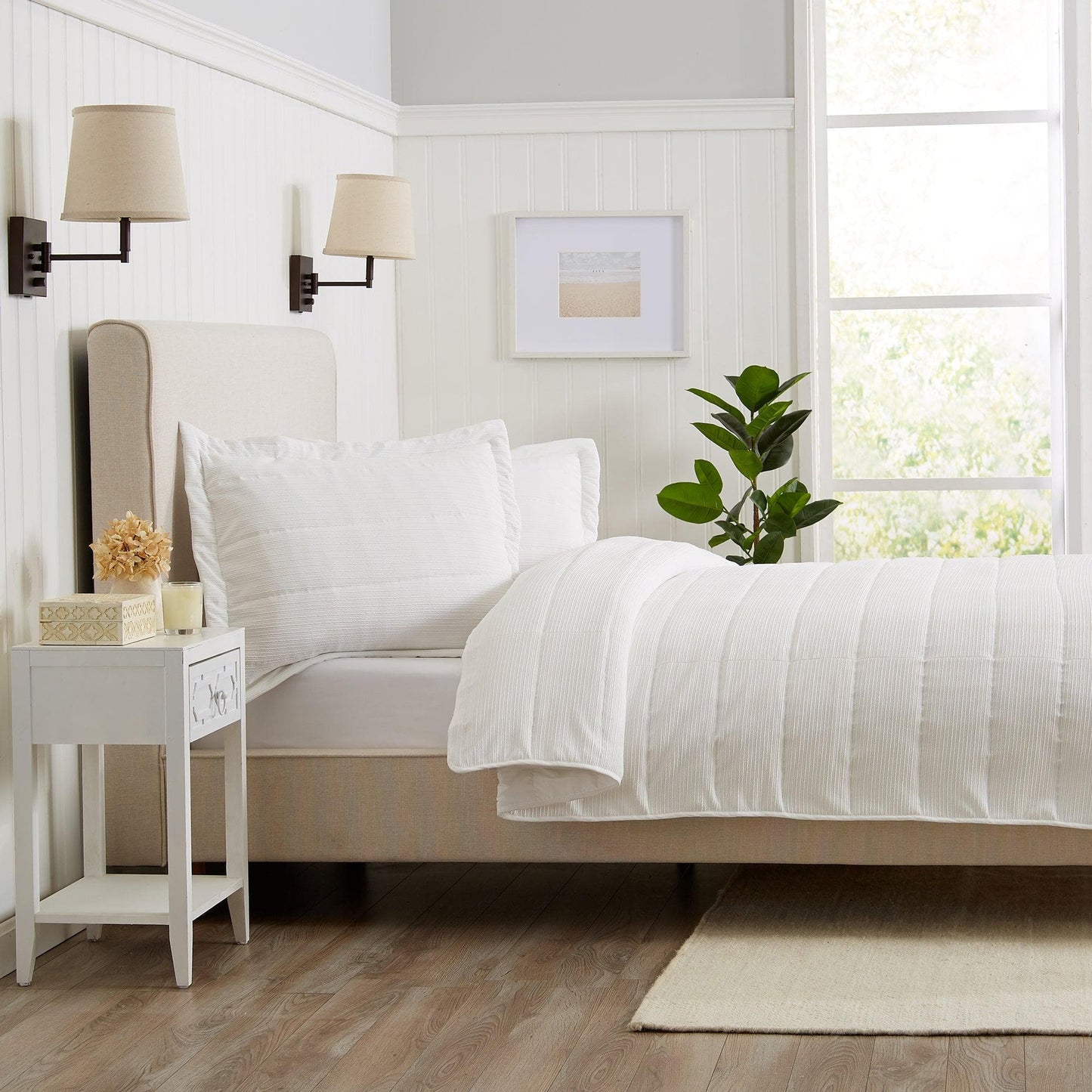 Coastal & Nautical Textured Striped Quilt Set - White, Light Grey & Navy