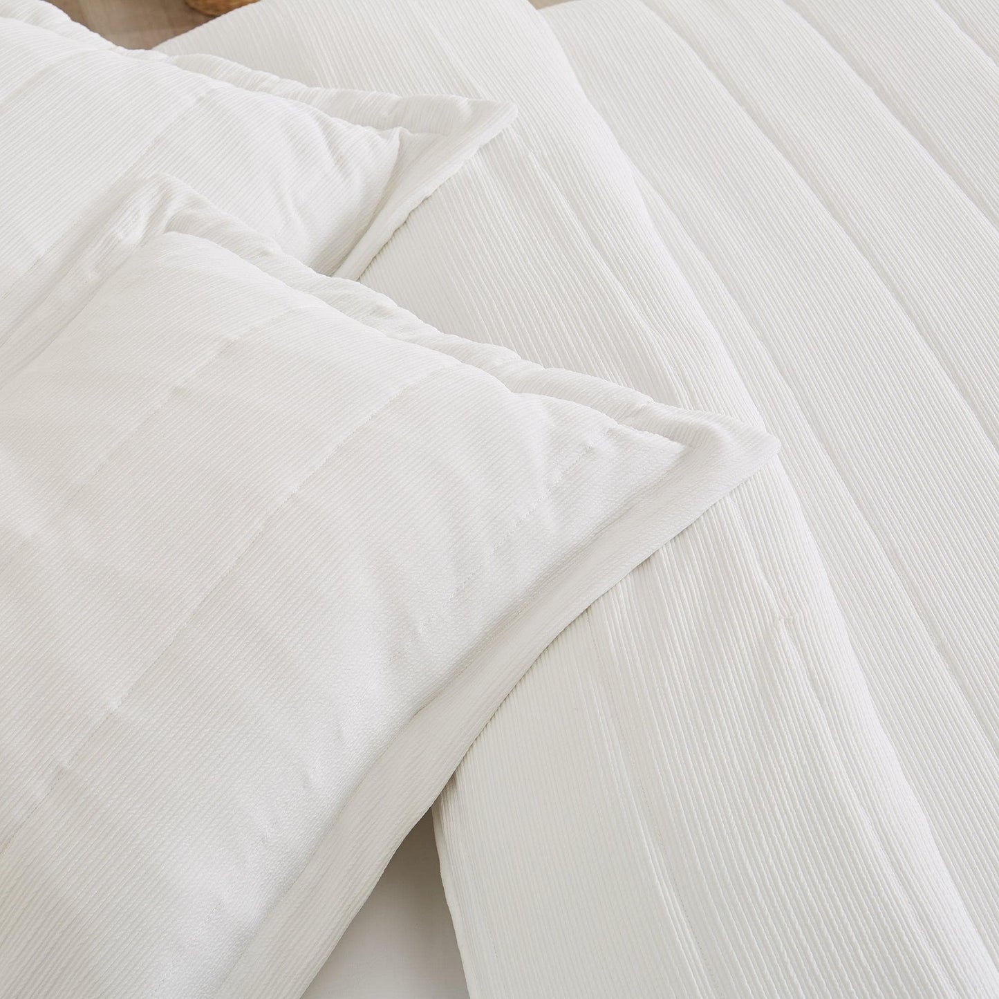 Coastal & Nautical Textured Striped Quilt Set - White, Light Grey & Navy