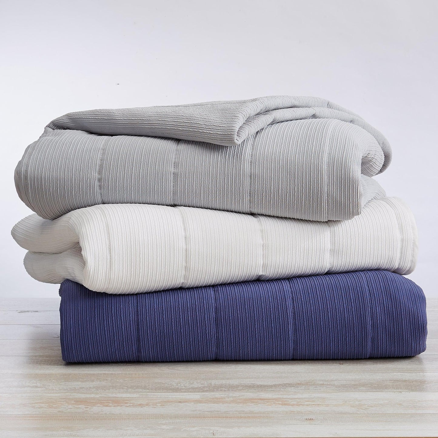 Coastal & Nautical Textured Striped Quilt Set - White, Light Grey & Navy