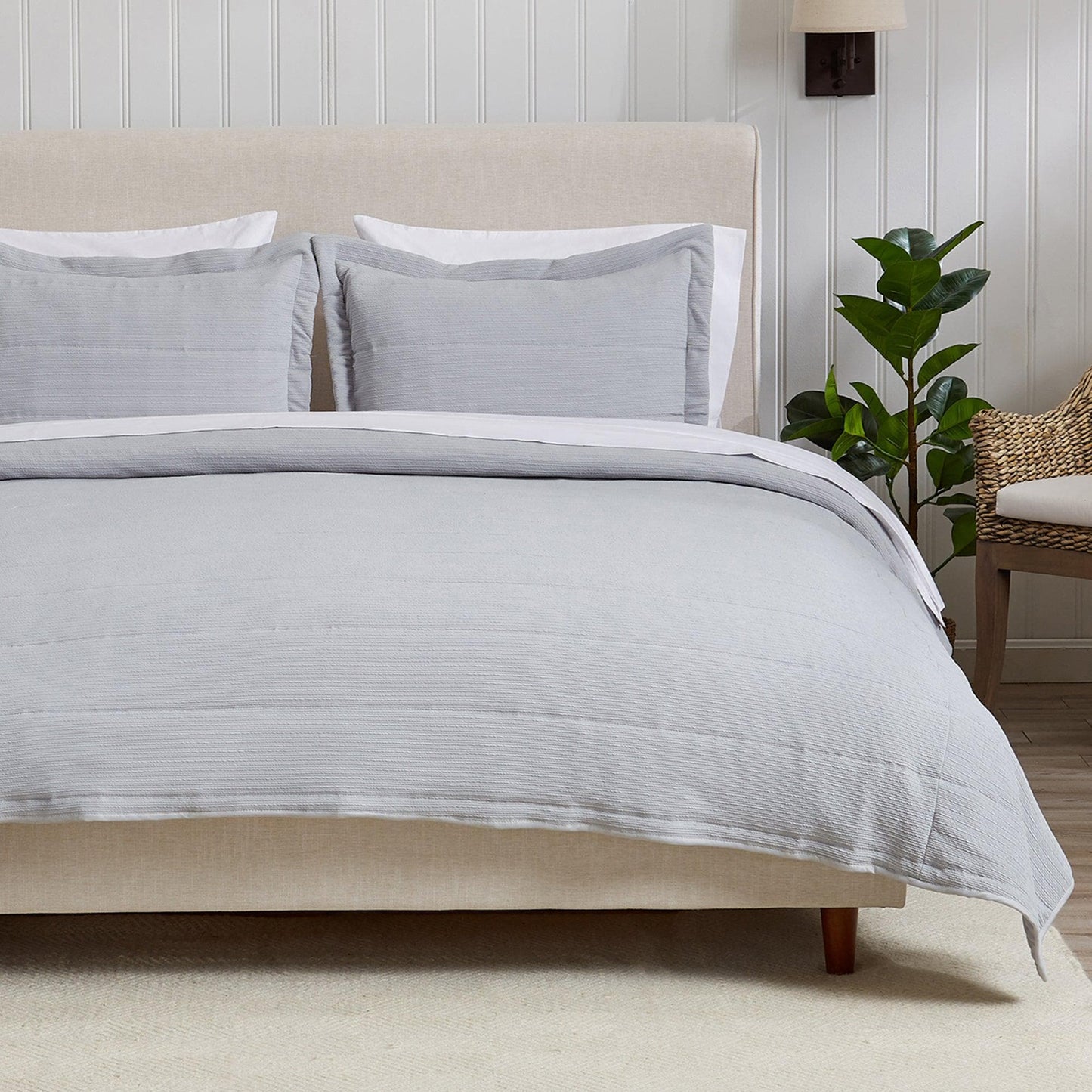 Coastal & Nautical Textured Striped Quilt Set - White, Light Grey & Navy