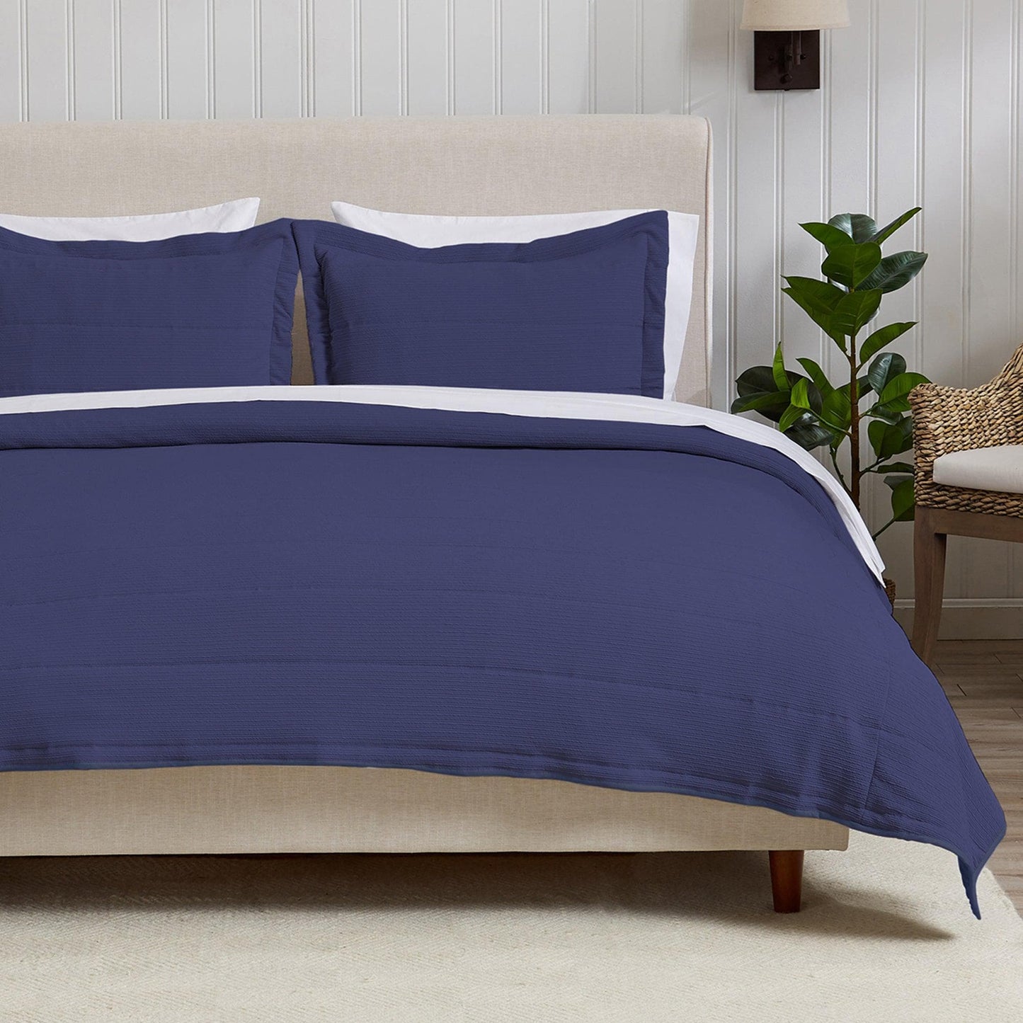 Coastal & Nautical Textured Striped Quilt Set - White, Light Grey & Navy