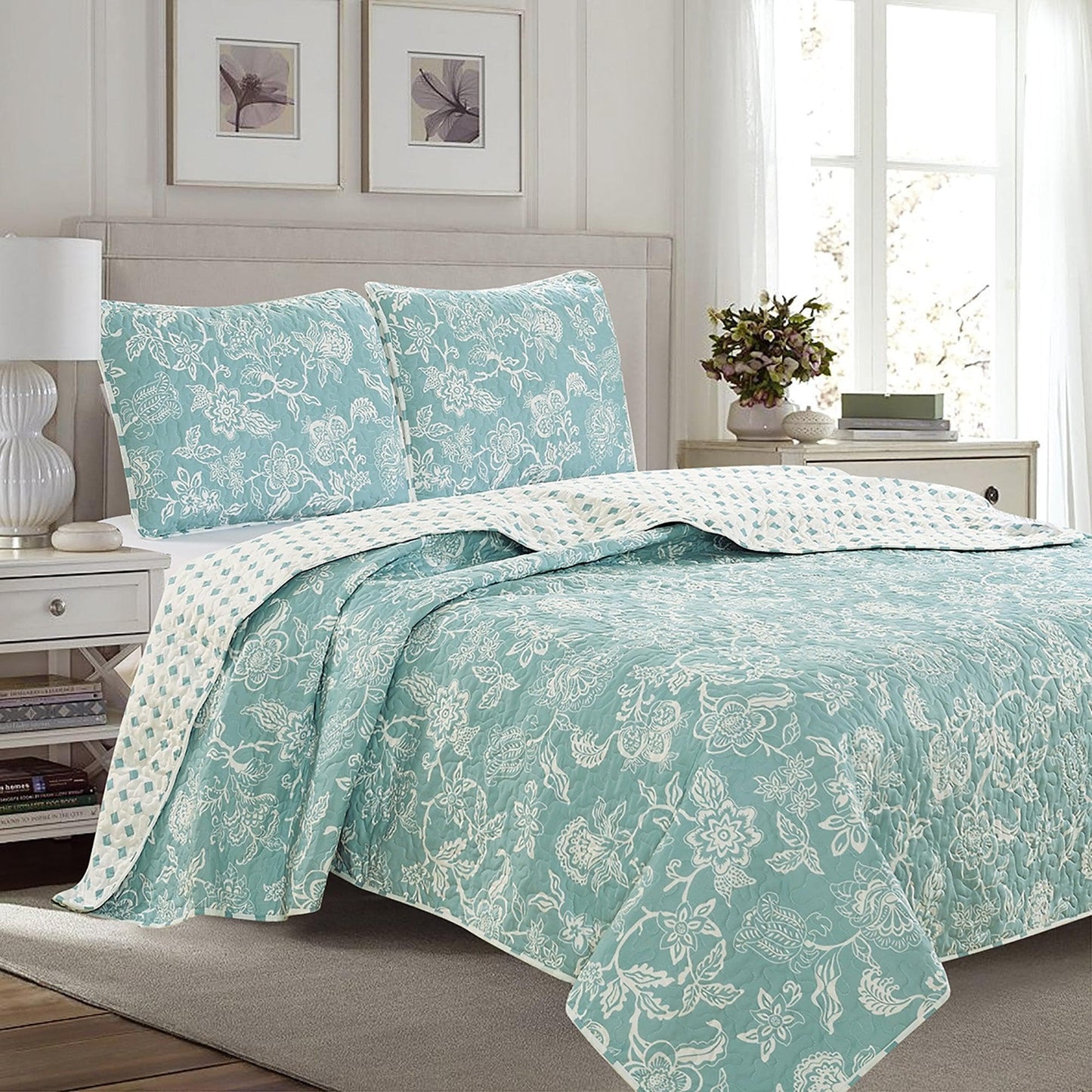 Coastal Floral Quilt Set - Coastal Floral Bedding - Aqua & Grey Color Options