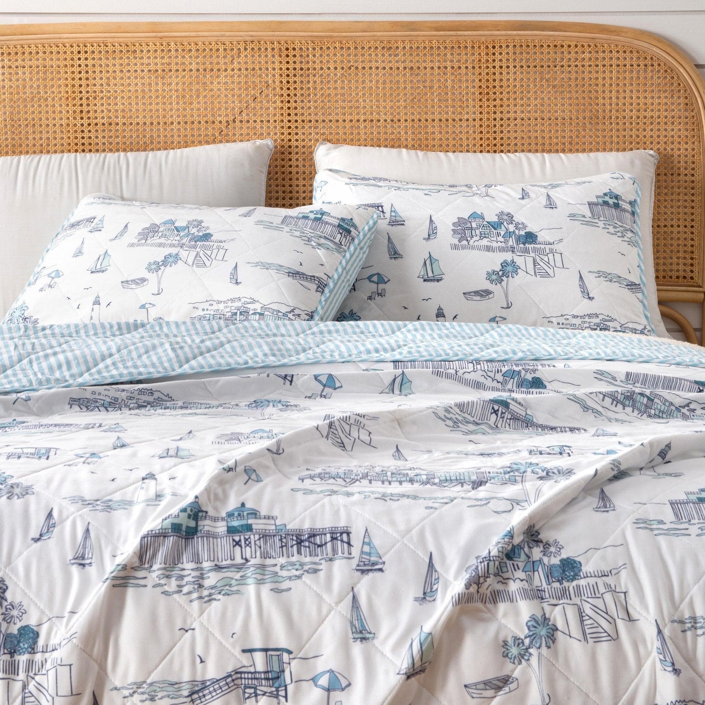 Coastal Toile Sailboat Quilt Set - White & Light Blue Coastal Bedding