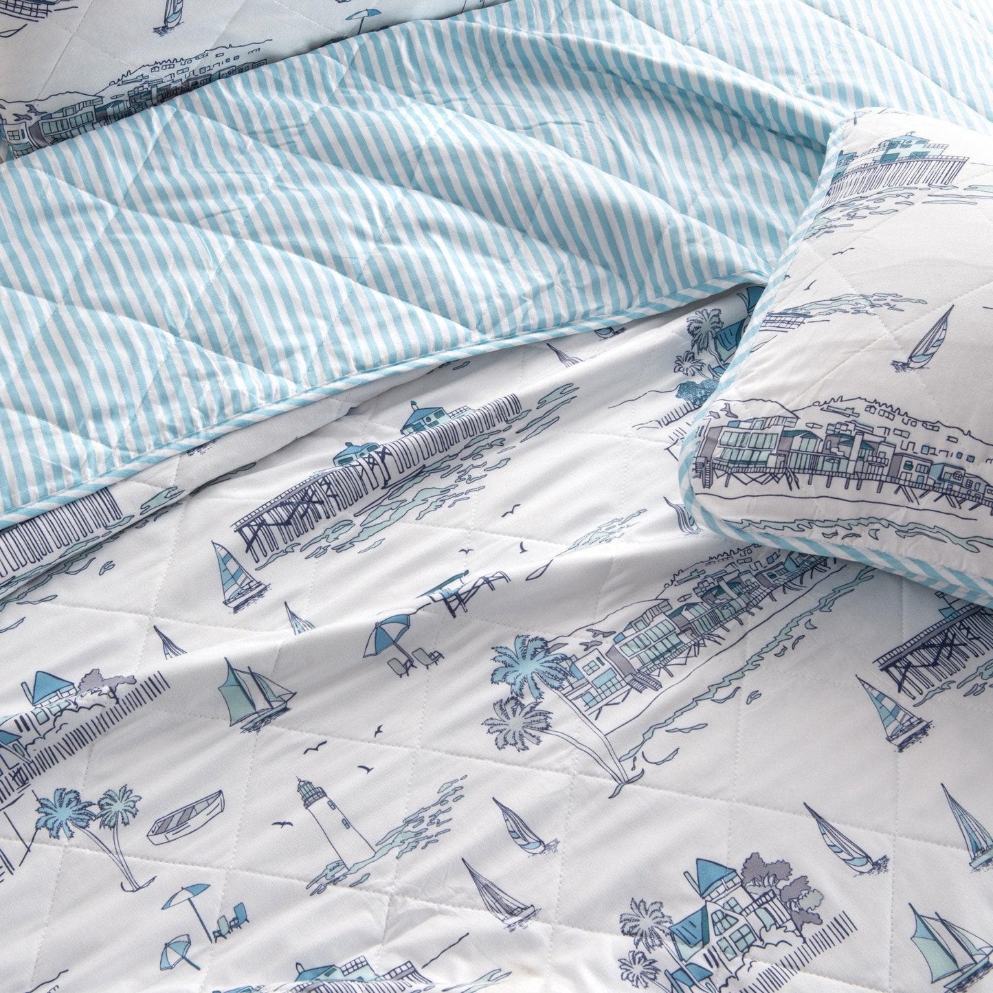 Coastal Toile Sailboat Quilt Set - White & Light Blue Coastal Bedding