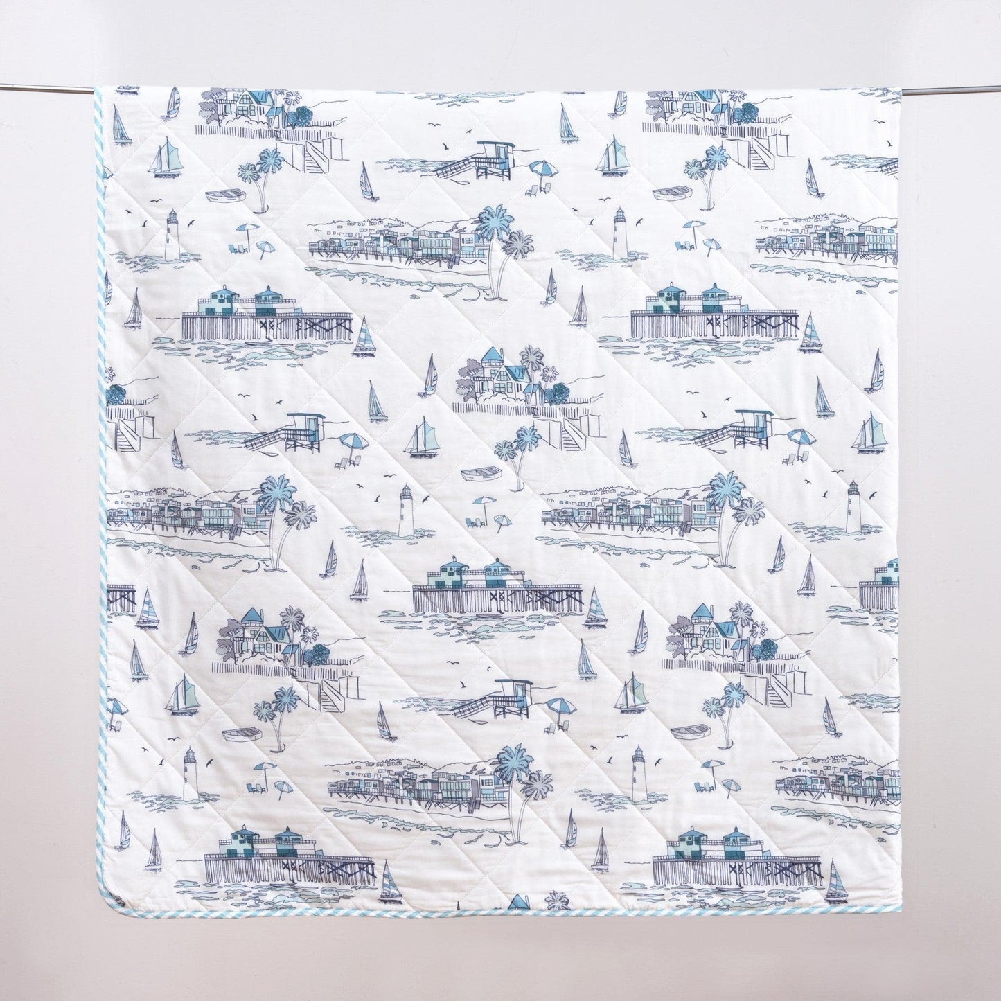 Coastal Toile Sailboat Quilt Set - White & Light Blue Coastal Bedding