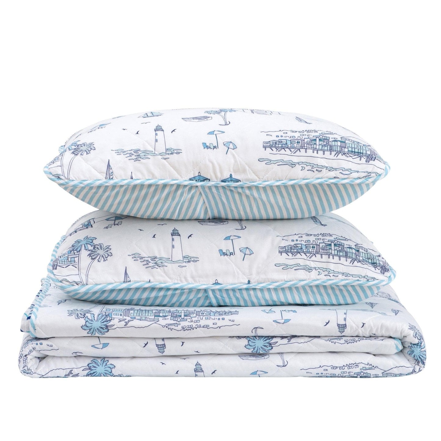 Coastal Toile Sailboat Quilt Set - White & Light Blue Coastal Bedding