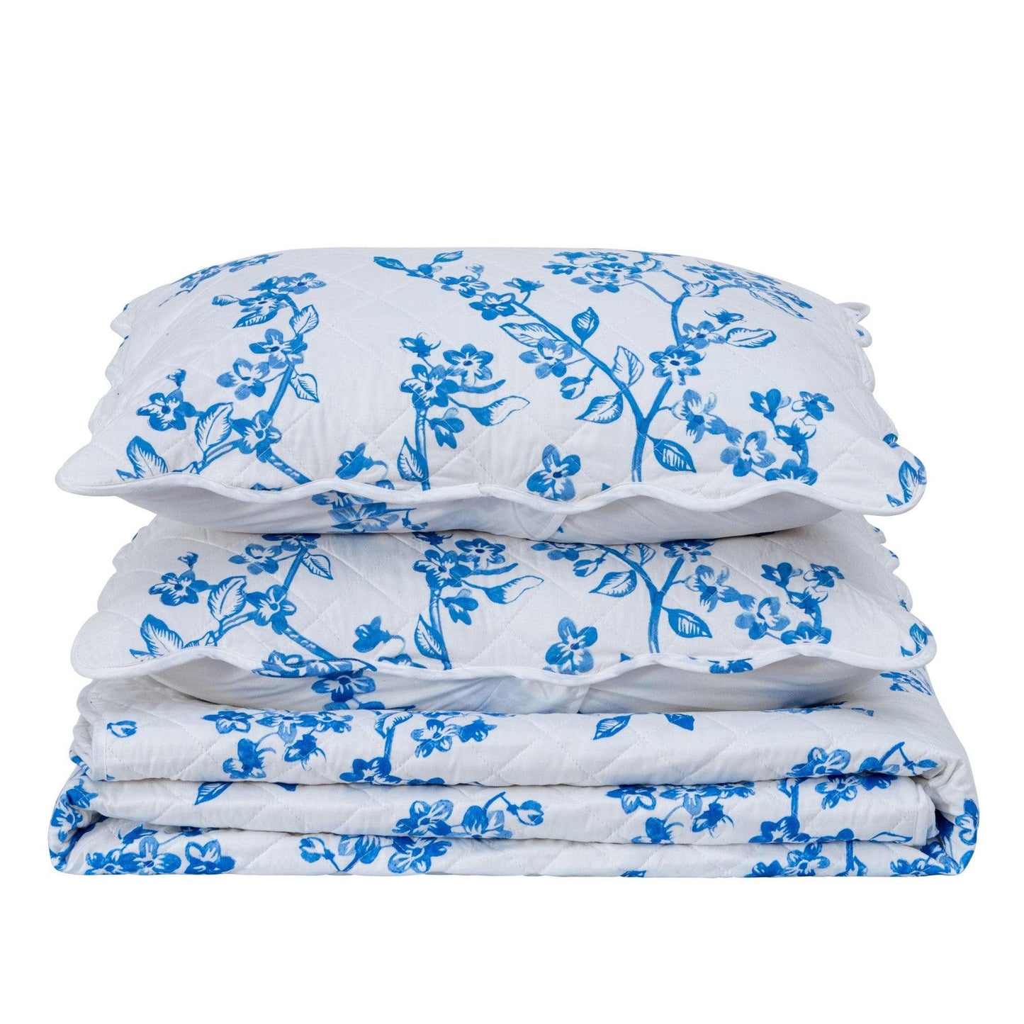 Coastal Floral Blue And White Quilt Set With Scalloped Edges - Lightweight Microfiber