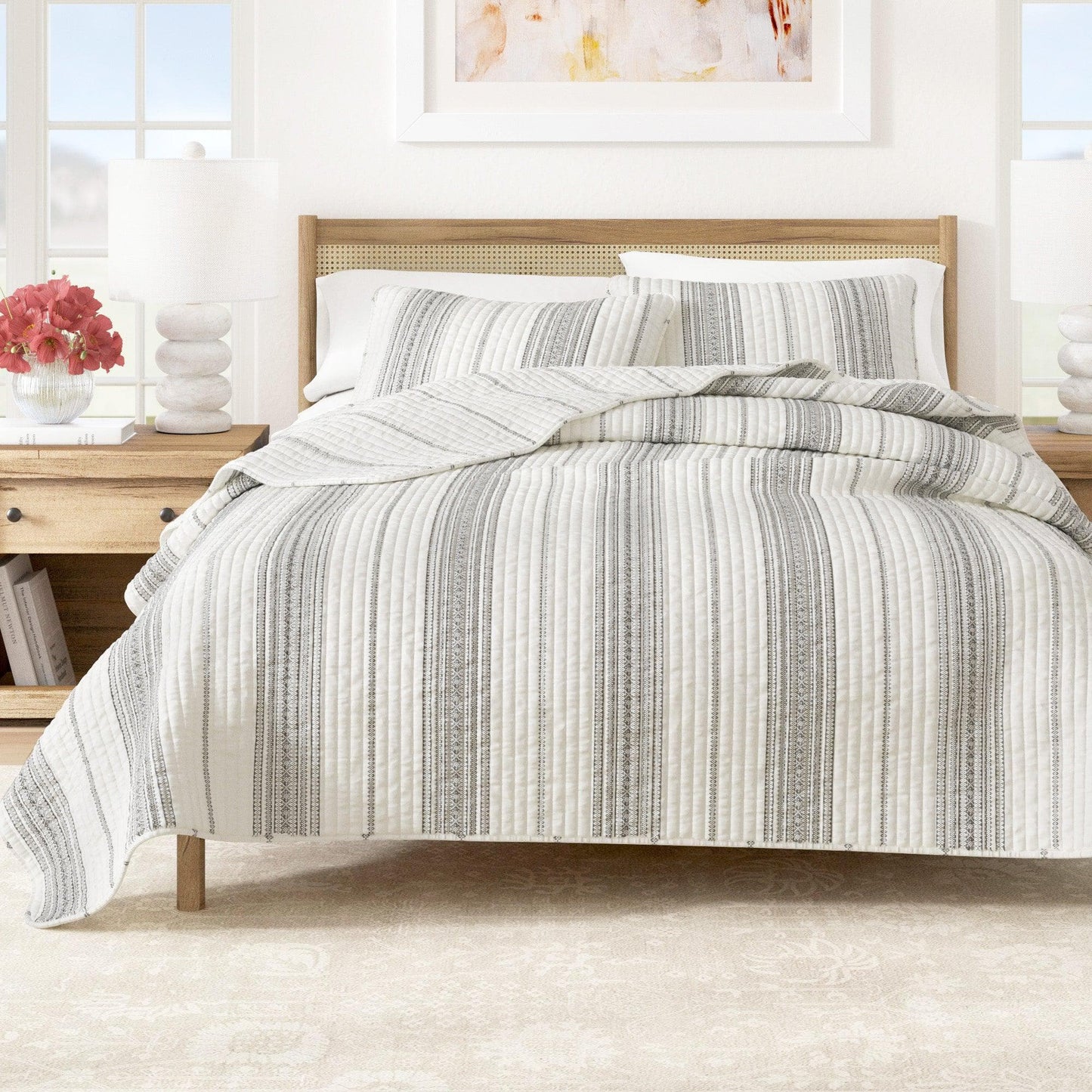 Coastal Stripe Quilt - White Quilt With Navy, Red, Green Or Grey Stripes