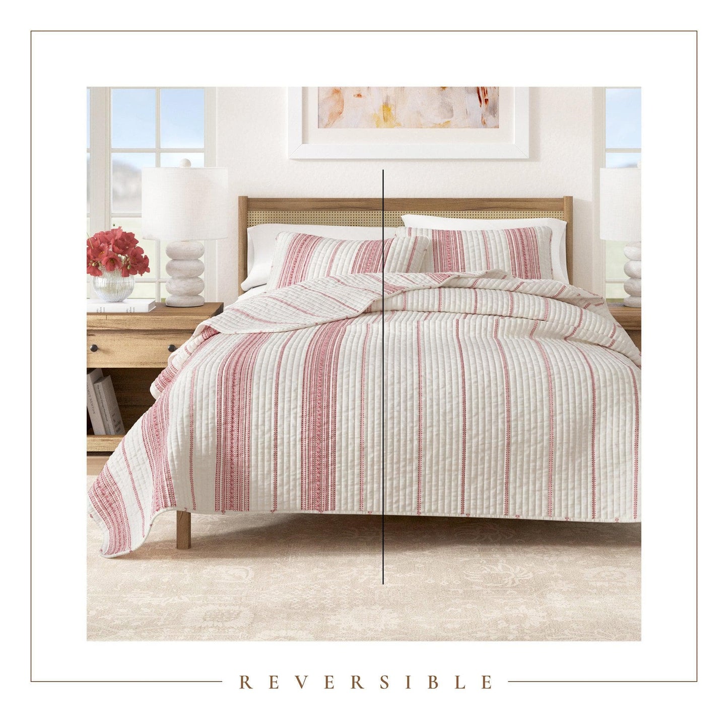 Coastal Stripe Quilt - White Quilt With Navy, Red, Green Or Grey Stripes