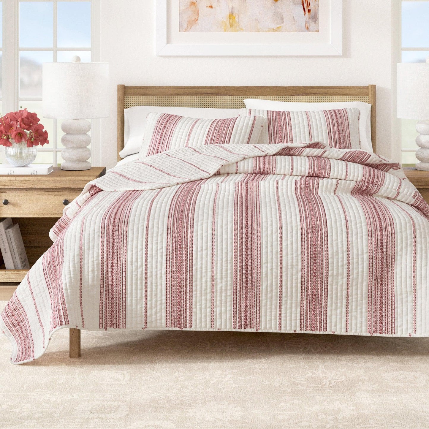 Coastal Stripe Quilt - White Quilt With Navy, Red, Green Or Grey Stripes