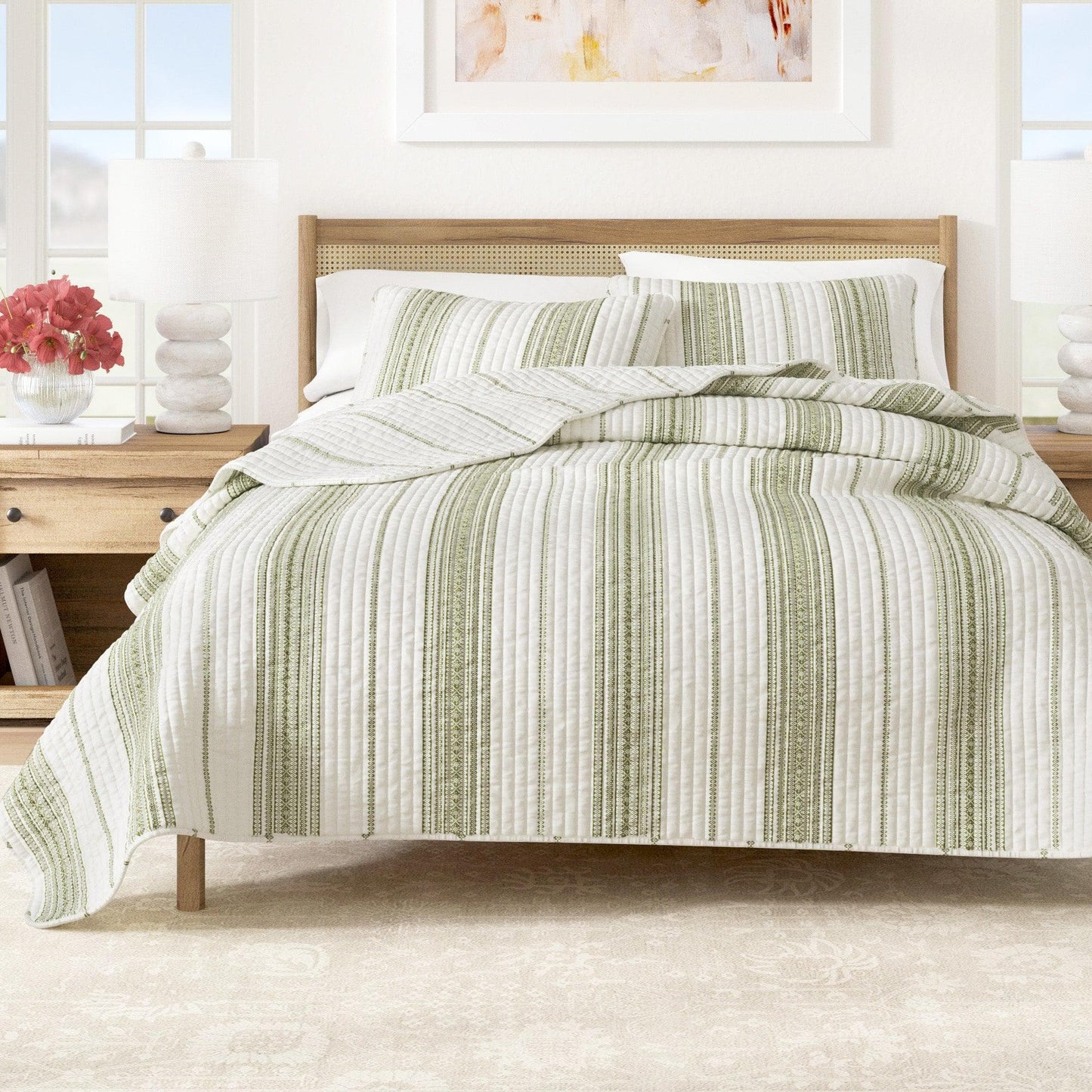 Coastal Stripe Quilt - White Quilt With Navy, Red, Green Or Grey Stripes