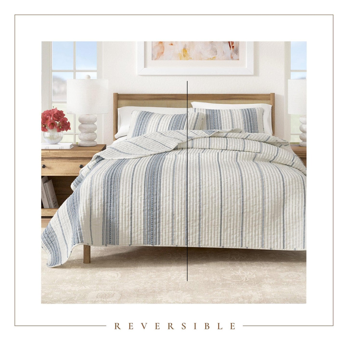 Coastal Stripe Quilt - White Quilt With Navy, Red, Green Or Grey Stripes
