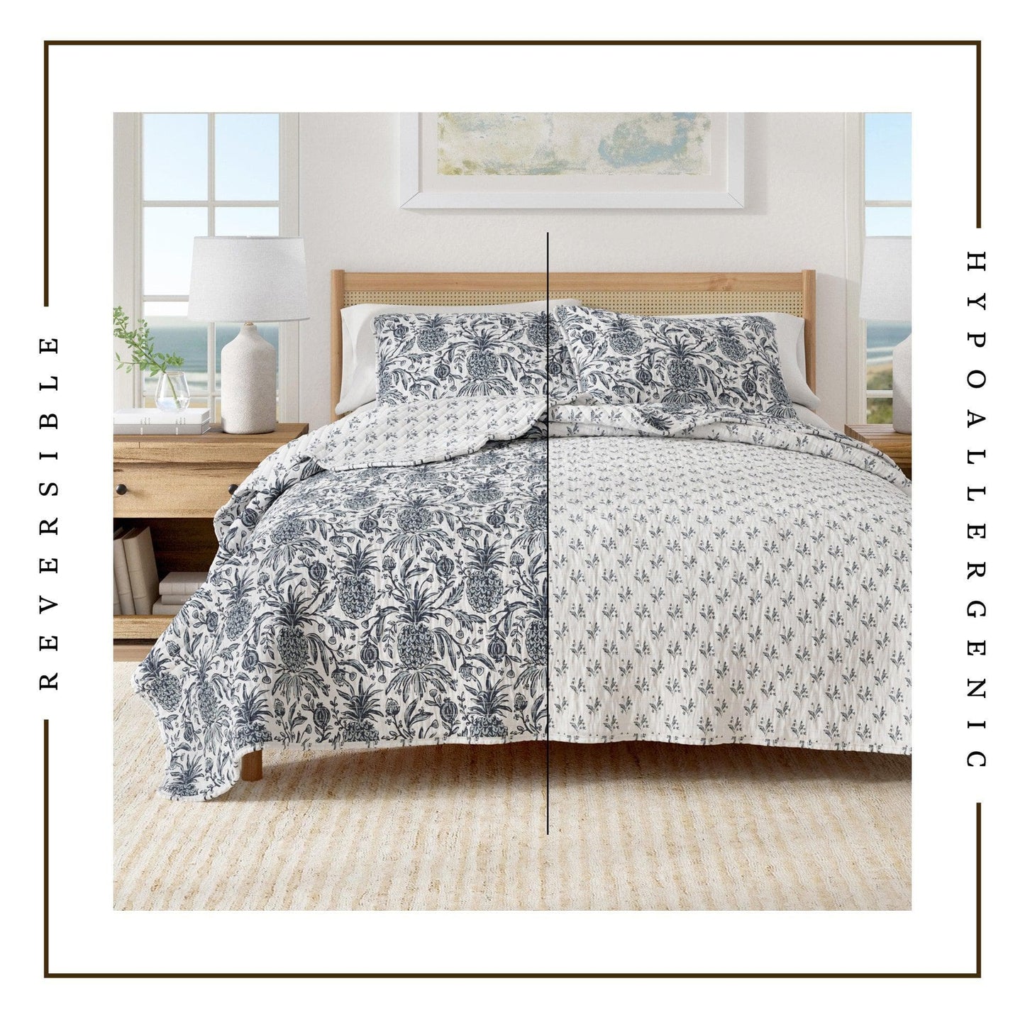 Nautical Printed Cotton Quilt Set - Navy & White Pineapple Themed Bedding