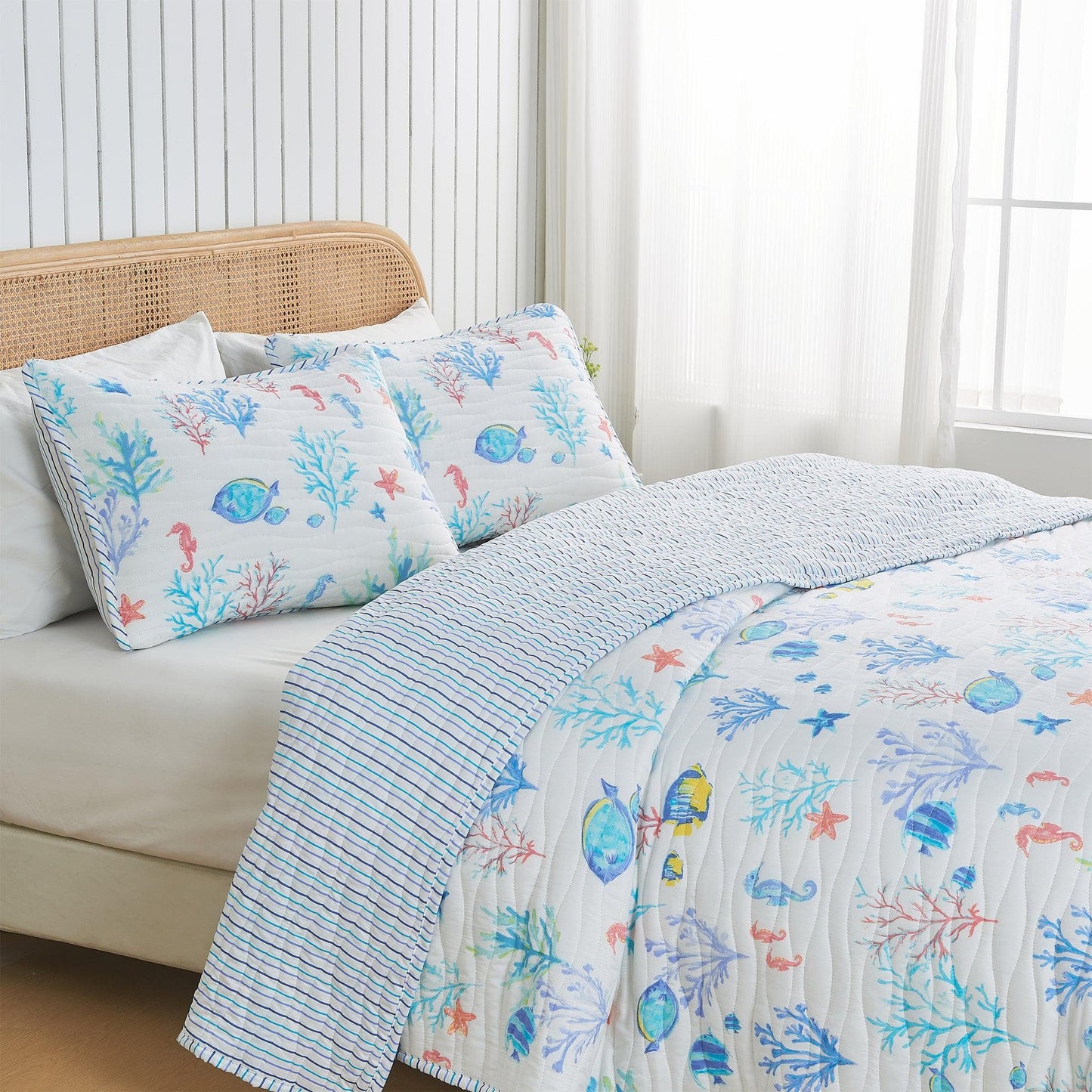 Colorful Coral Coastal Seascape Quilt Set - Ryanne Collection
