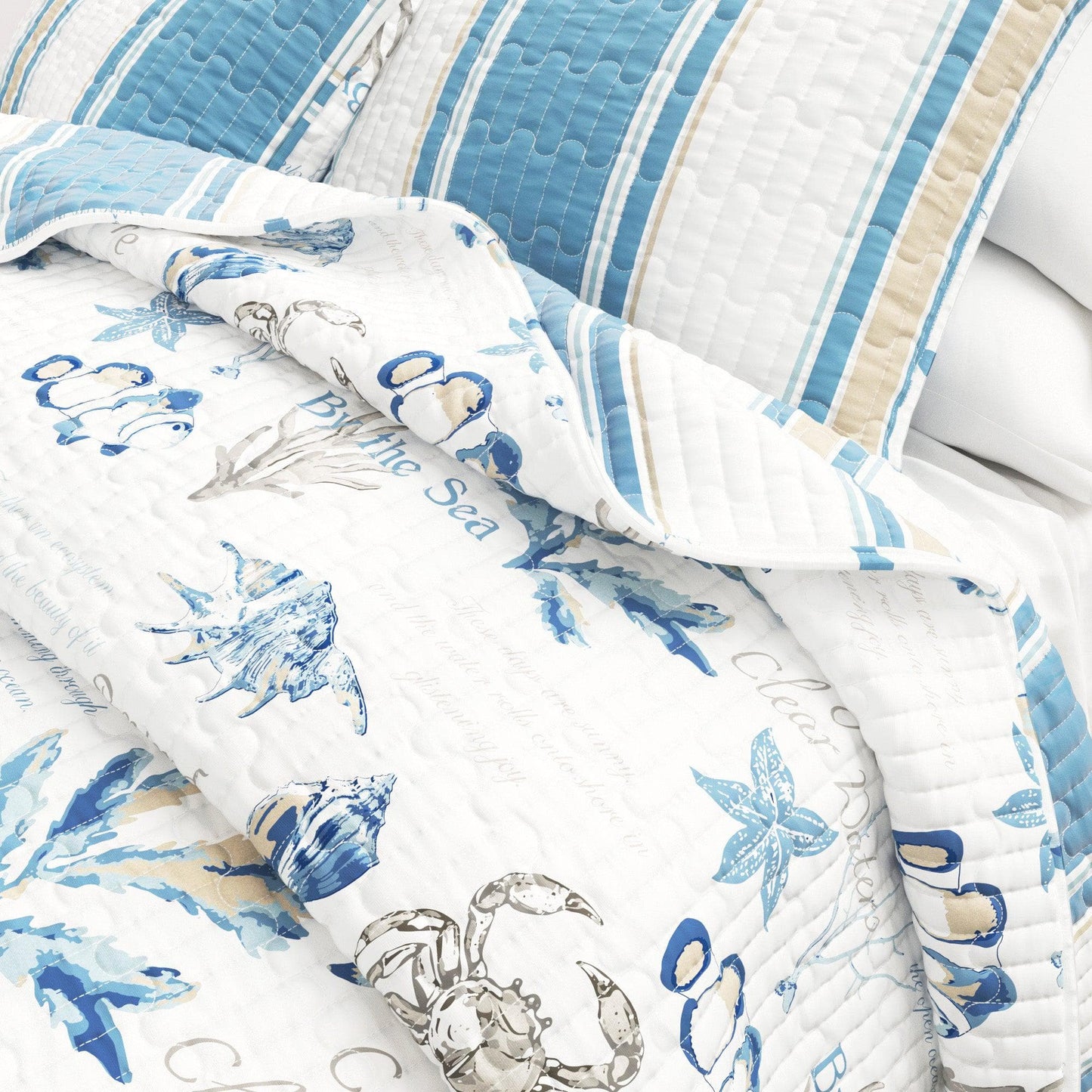 Stripe & Ocean Story Coastal Quilt Set - Coastal Blue Bedding Sets