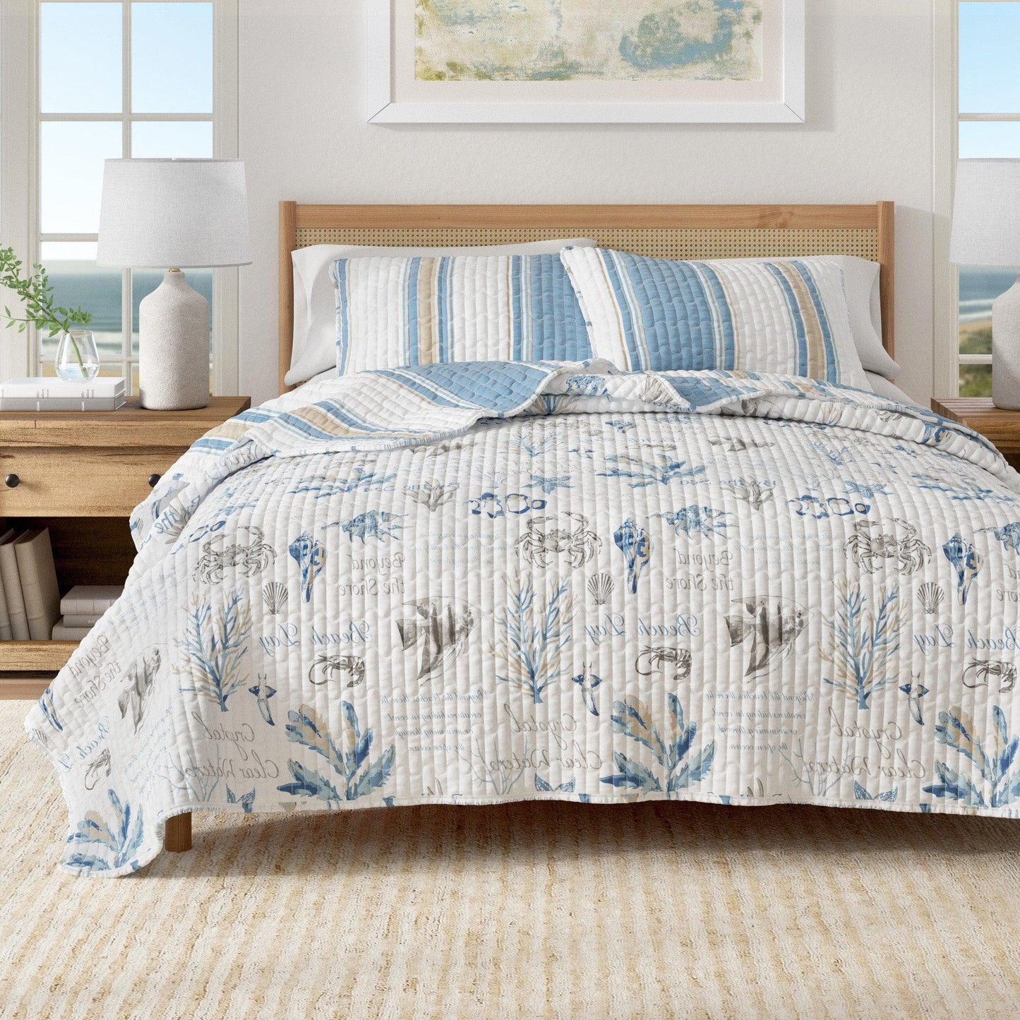 Stripe & Ocean Story Coastal Quilt Set - Coastal Blue Bedding Sets