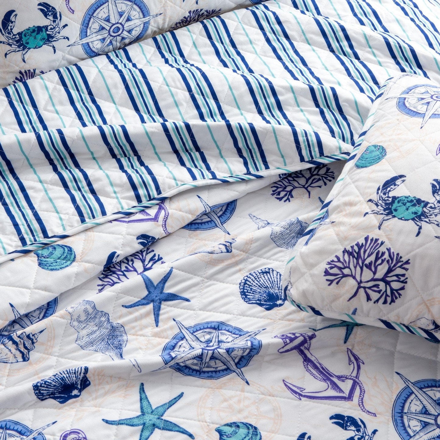 Coastal Azure Cotton Quilt Set 3PC - Blue Coastal Bedding Sets