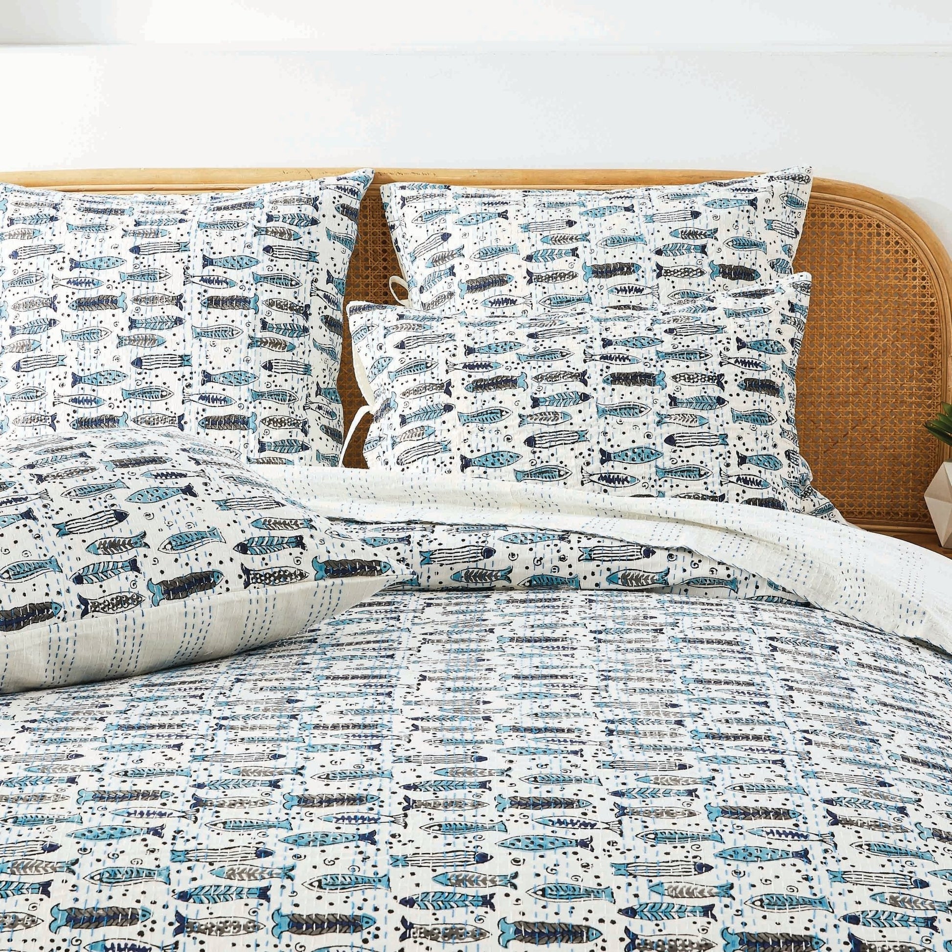 Hand Stitched Block Print Kantha Coverlets - Quahog Bay Bedding