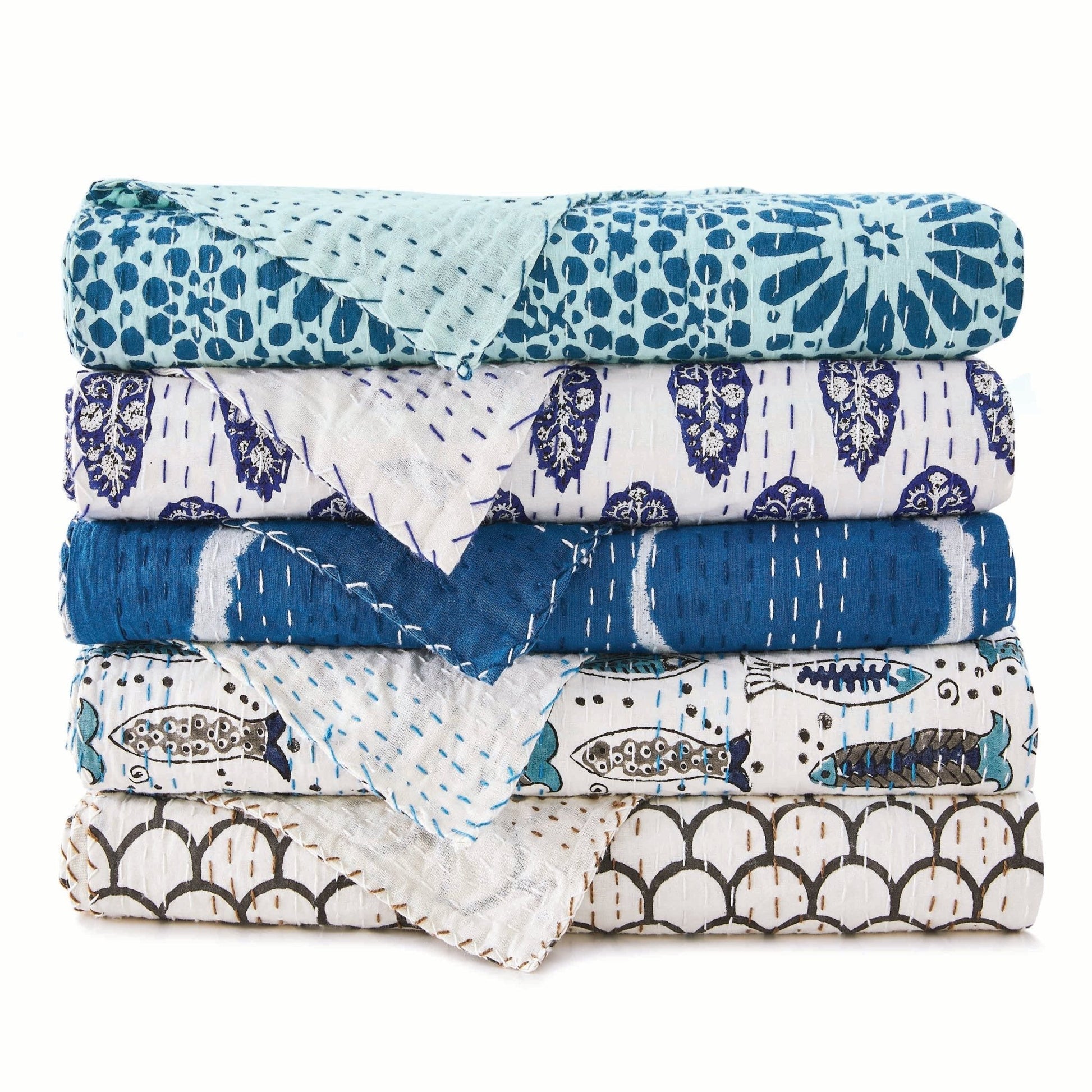 Hand Stitched Block Print Kantha Coverlets - Quahog Bay Bedding