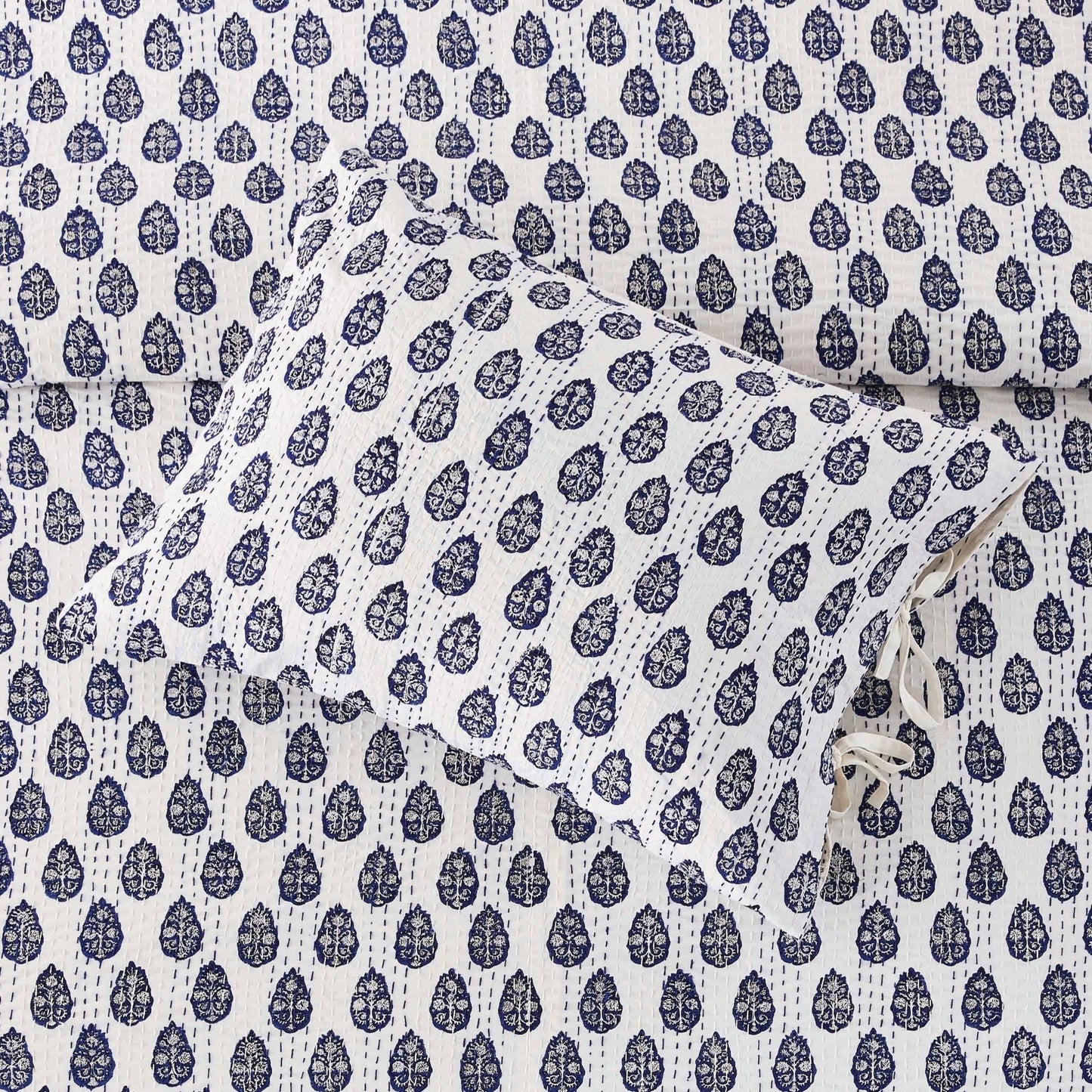 Hand Stitched Block Print Kantha Pillow Sham Pairs - Quahog Bay Bedding