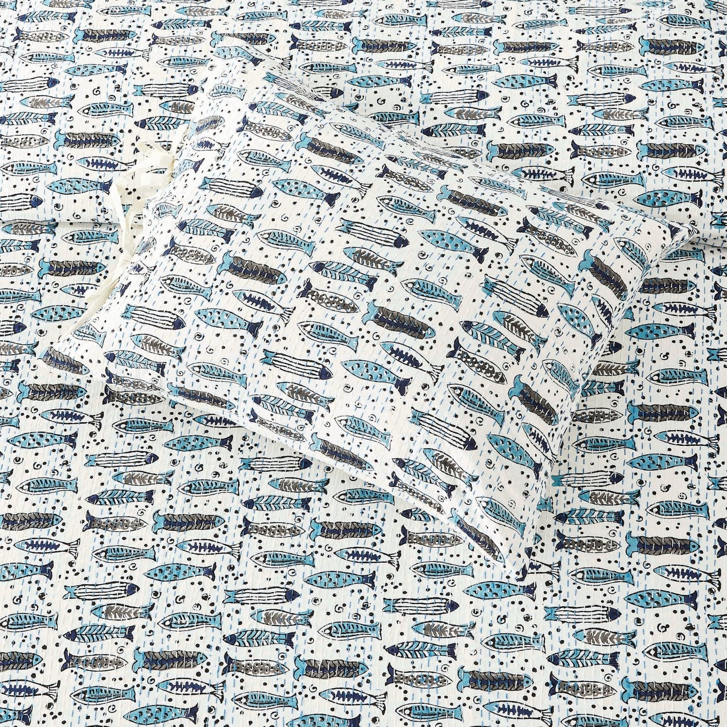 Hand Stitched Block Print Kantha Pillow Sham Pairs - Quahog Bay Bedding