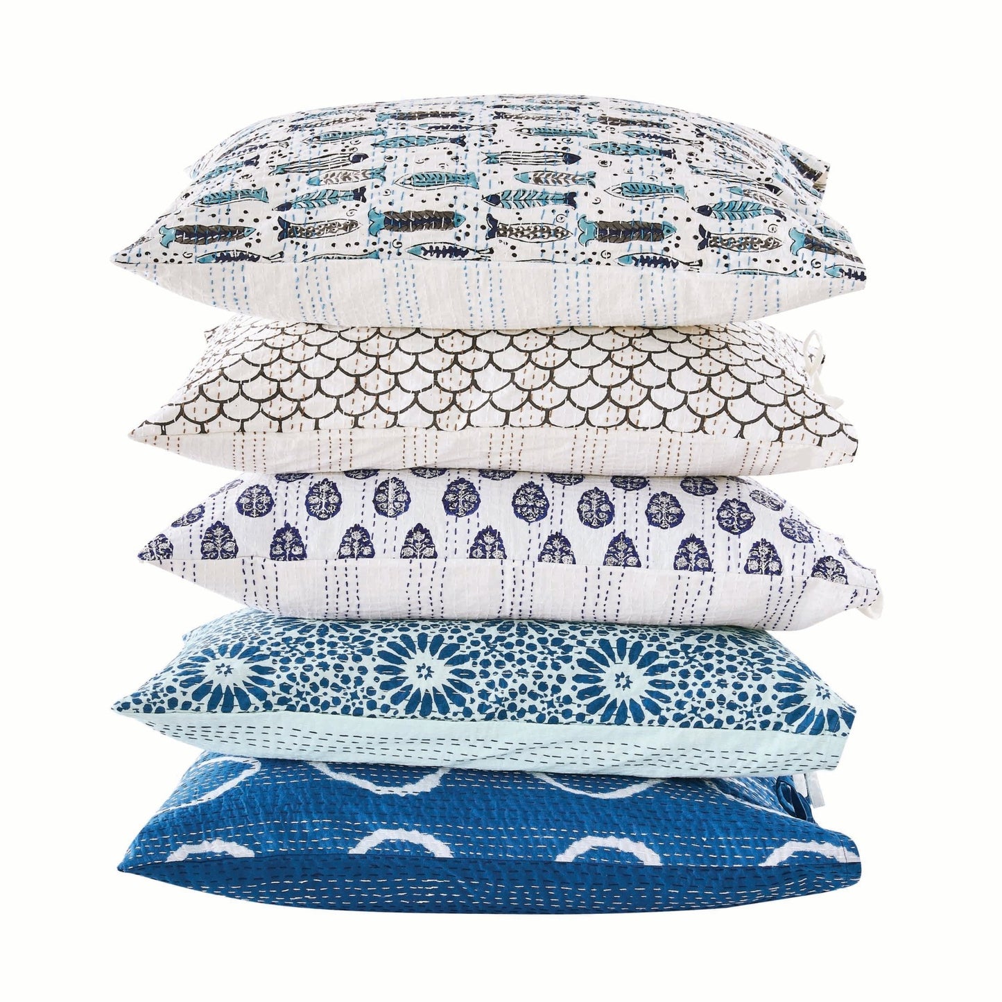 Hand Stitched Block Print Kantha Pillow Sham Pairs - Quahog Bay Bedding