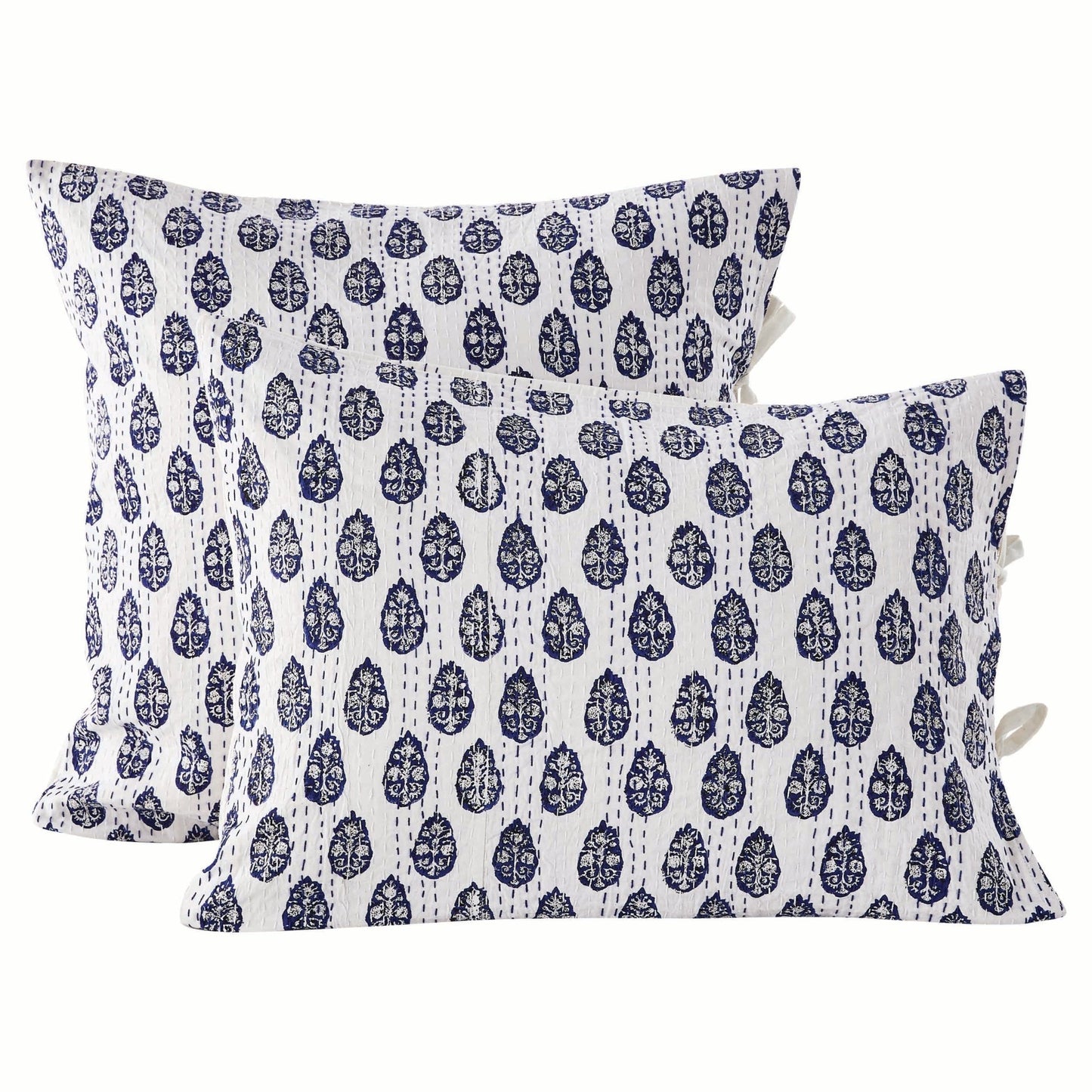 Hand Stitched Block Print Kantha Pillow Sham Pairs - Quahog Bay Bedding