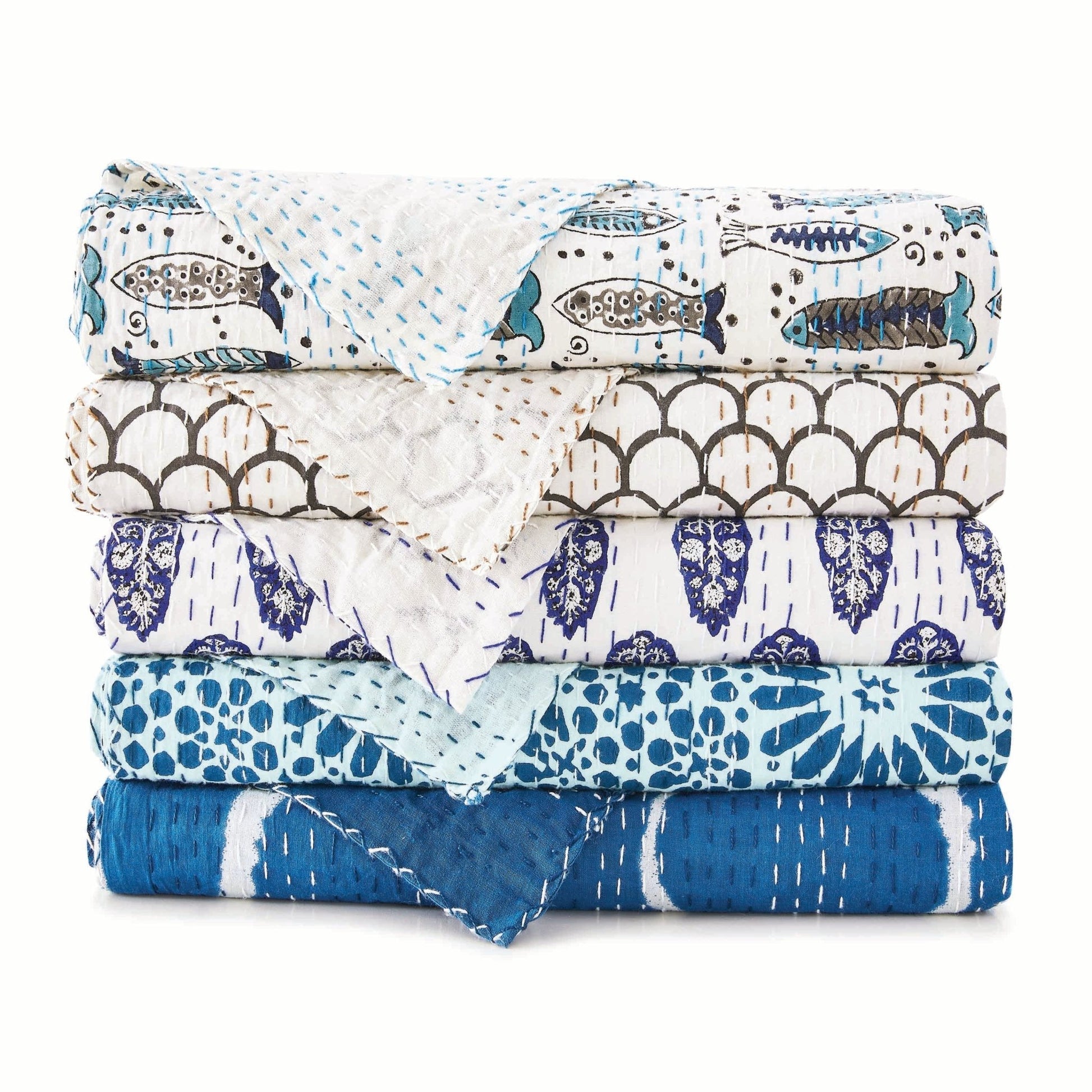 Hand Stitched Block Print Kantha Throws - Quahog Bay Bedding