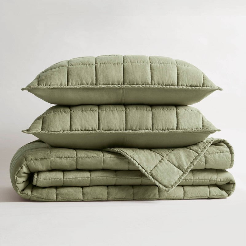 Harbor House Luxury French Flax Linen Garment Washed Quilt Set - Olive Green - Quahog Bay Bedding