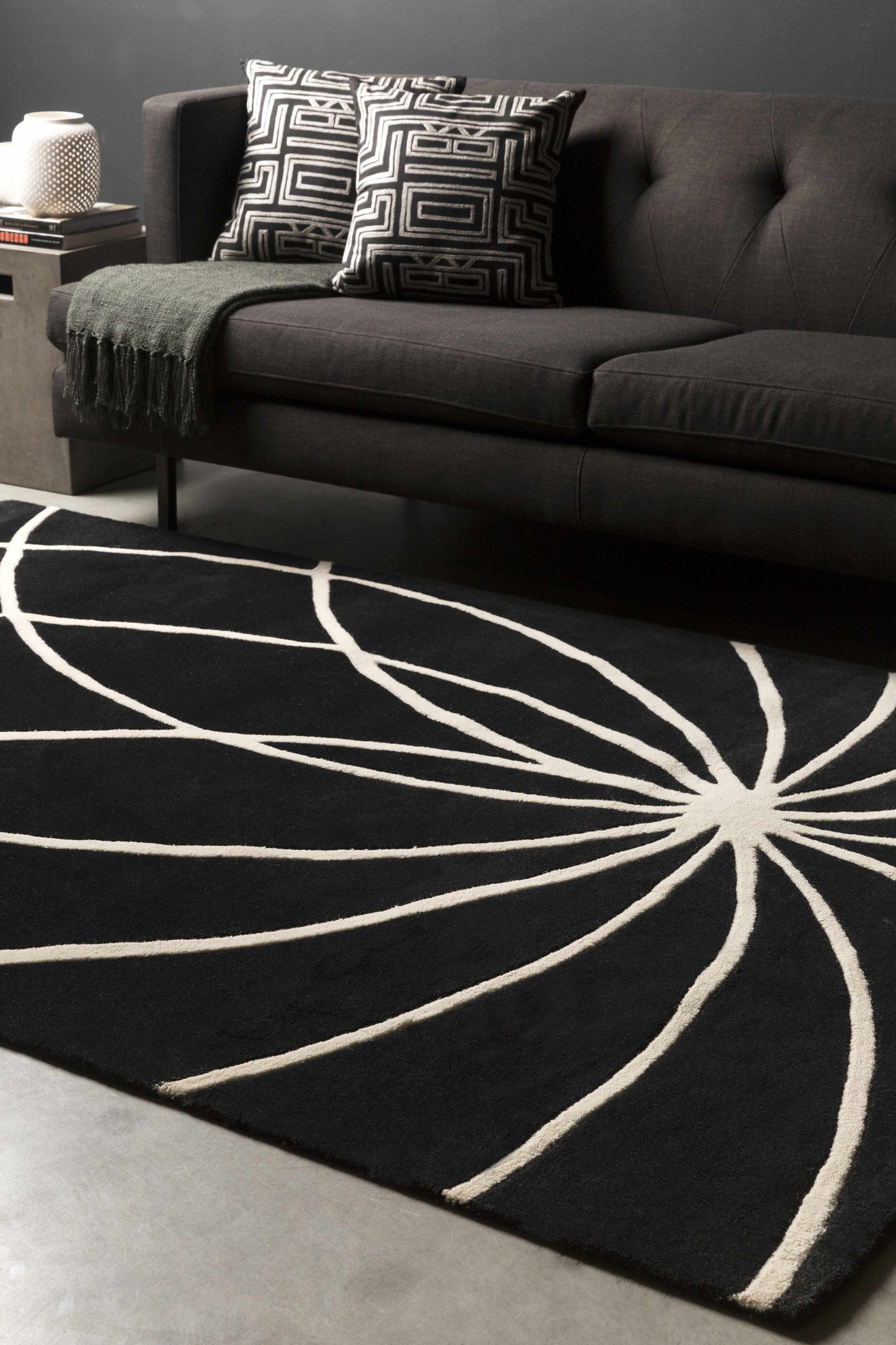 Davison Black Geometric Wool Carpet